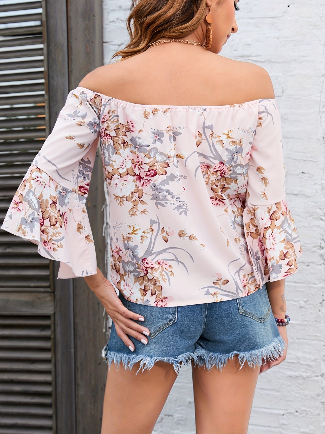 vlovelaw Floral Print Off Shoulder Blouse, Casual Half Sleeve Blouse For Spring & Summer, Women's Clothing