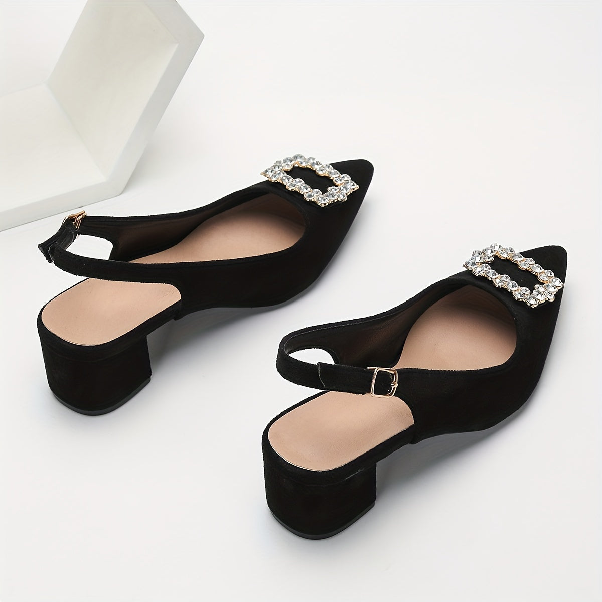 vlovelaw Women's Rhinestone Buckle Decor Chunky Heels, Elegant Point Toe Dress Pumps, Stylish Buckle Strap Heels