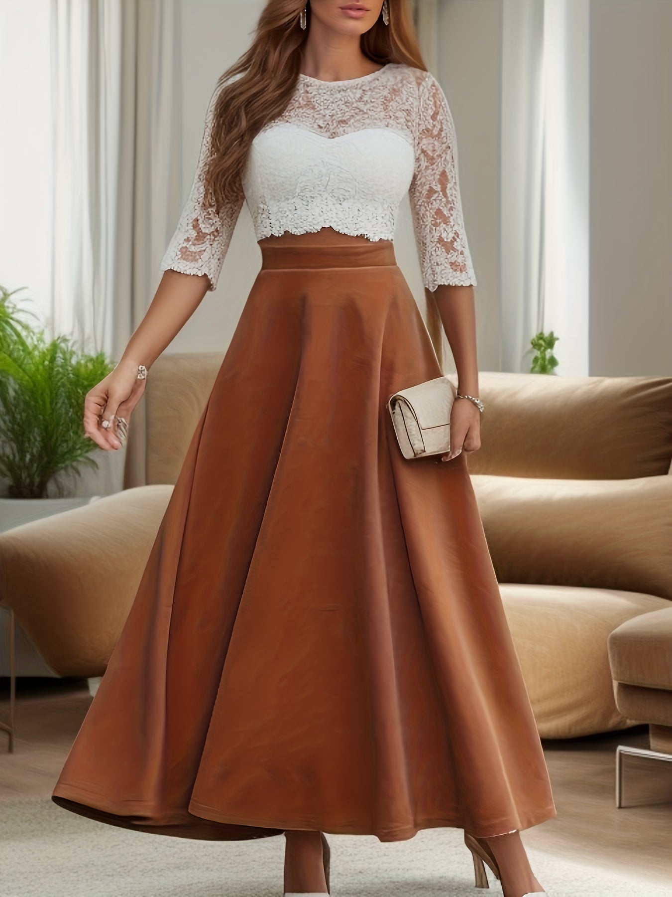 Plus Size Elegant Skirt, Women's Plus Solid High Rise Swing A-line Maxi Woolen Skirt