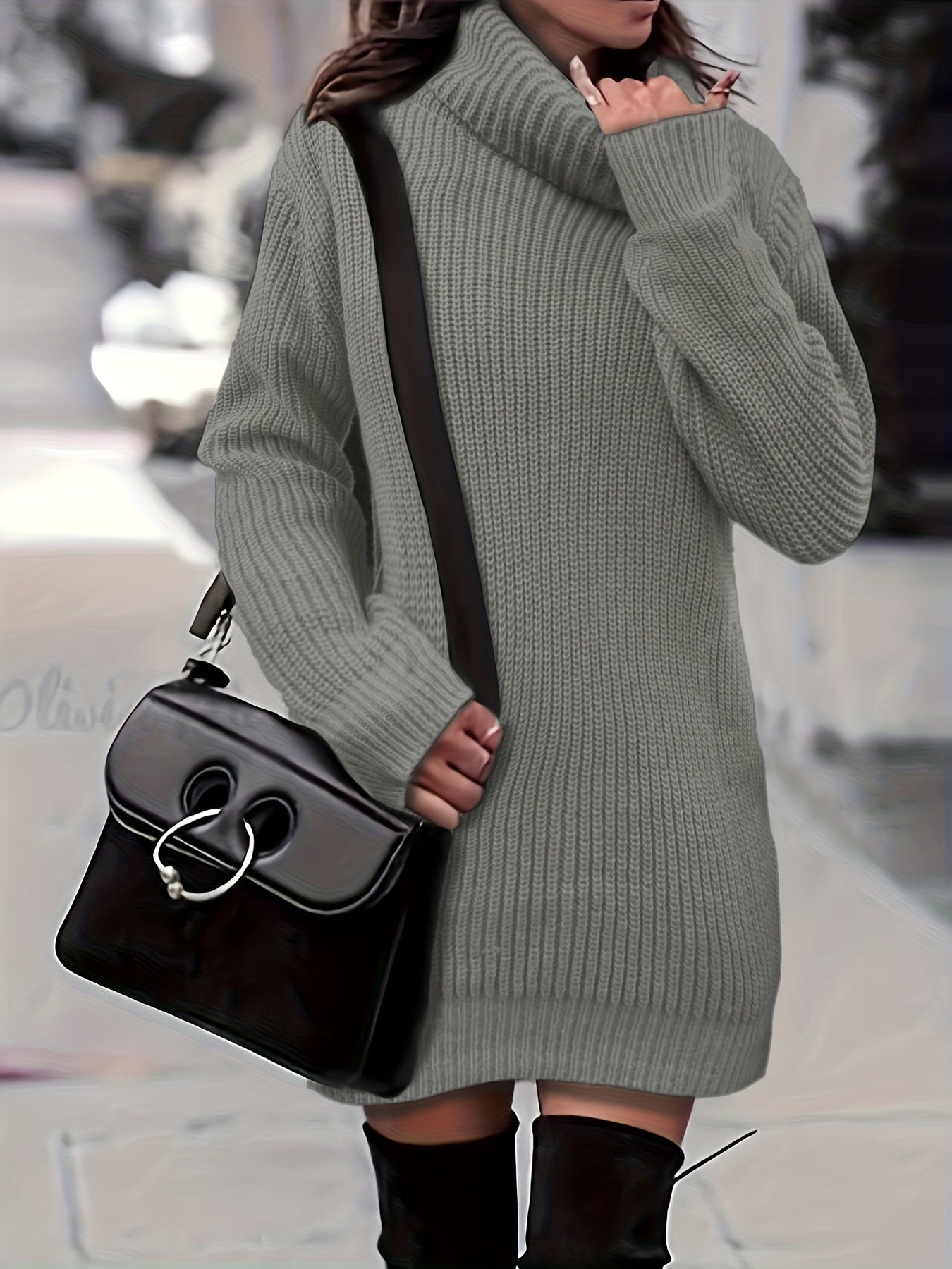 Solid Turtle Neck Baggy Knitted Dress, Casual Long Sleeve Dress For Fall & Winter, Women's Clothing
