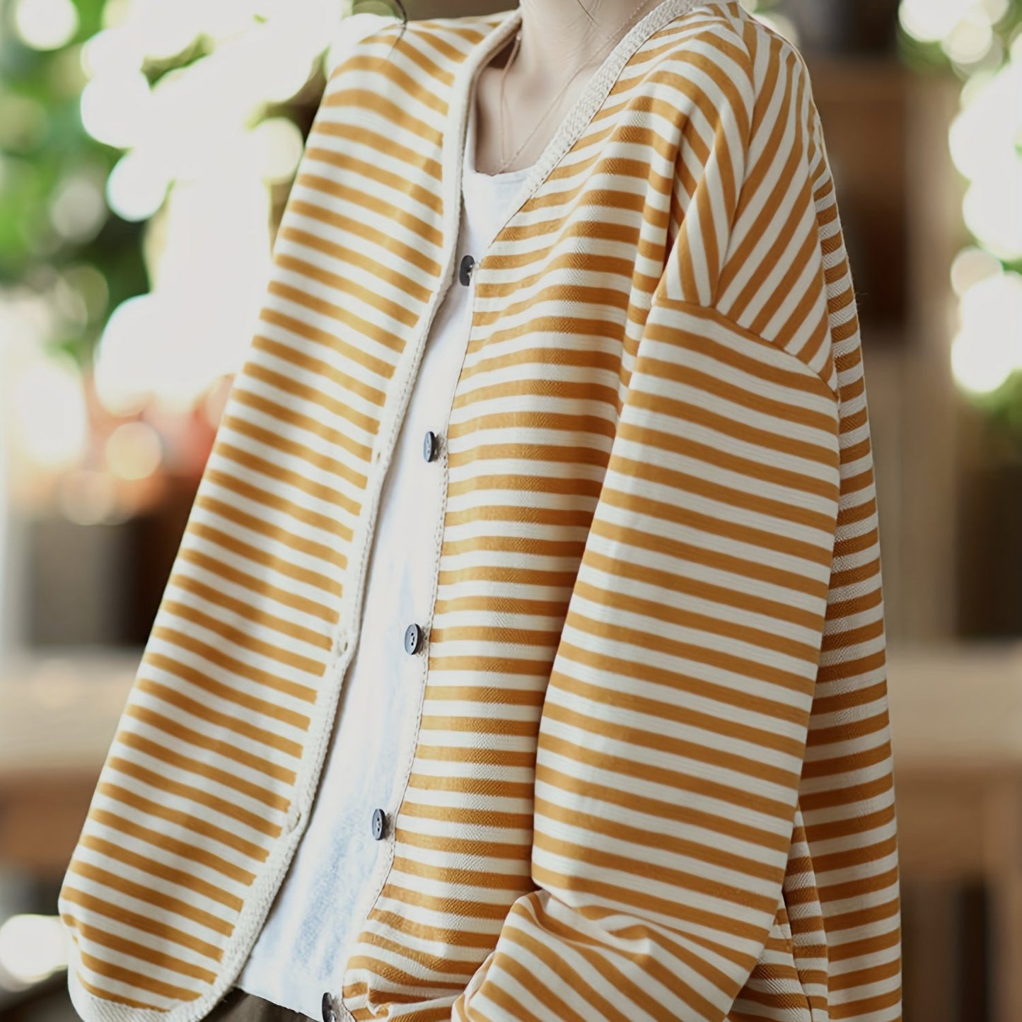 vlovelaw Striped Print Button Front Jacket, Casual V Neck Long Sleeve Outerwear For Spring & Summer, Women's Clothing