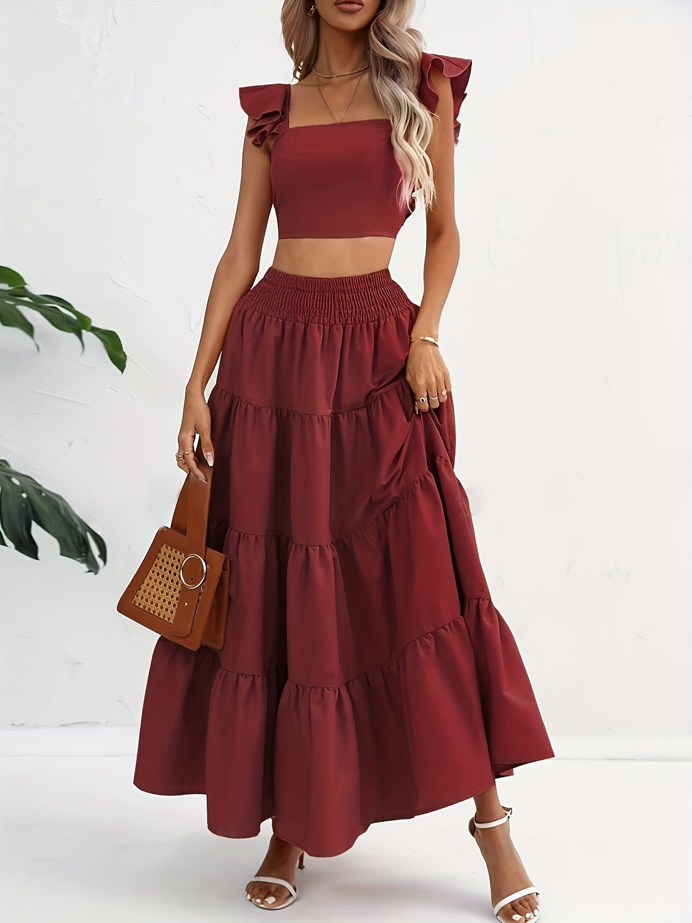vlovelaw Solid Ruffle Shirred Skirt Suits, Square Neck Flutter Sleeve Backless Crop Top & Elastic High Waist A-line Skirt Outfits, Women's Clothing