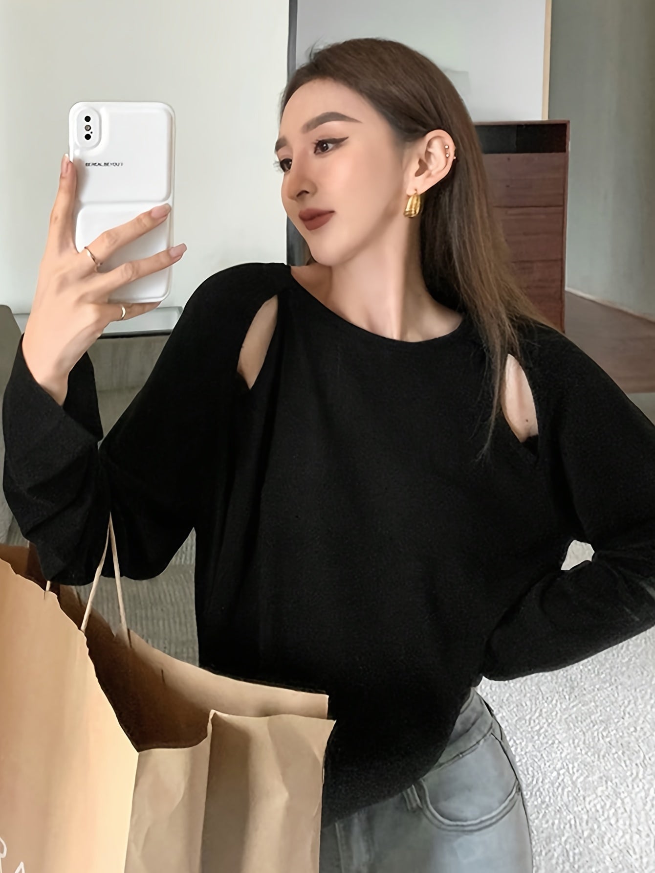 vlovelaw  Cut Out Solid T-Shirt, Casual Crew Neck Long Sleeve Top For Spring & Fall, Women's Clothing