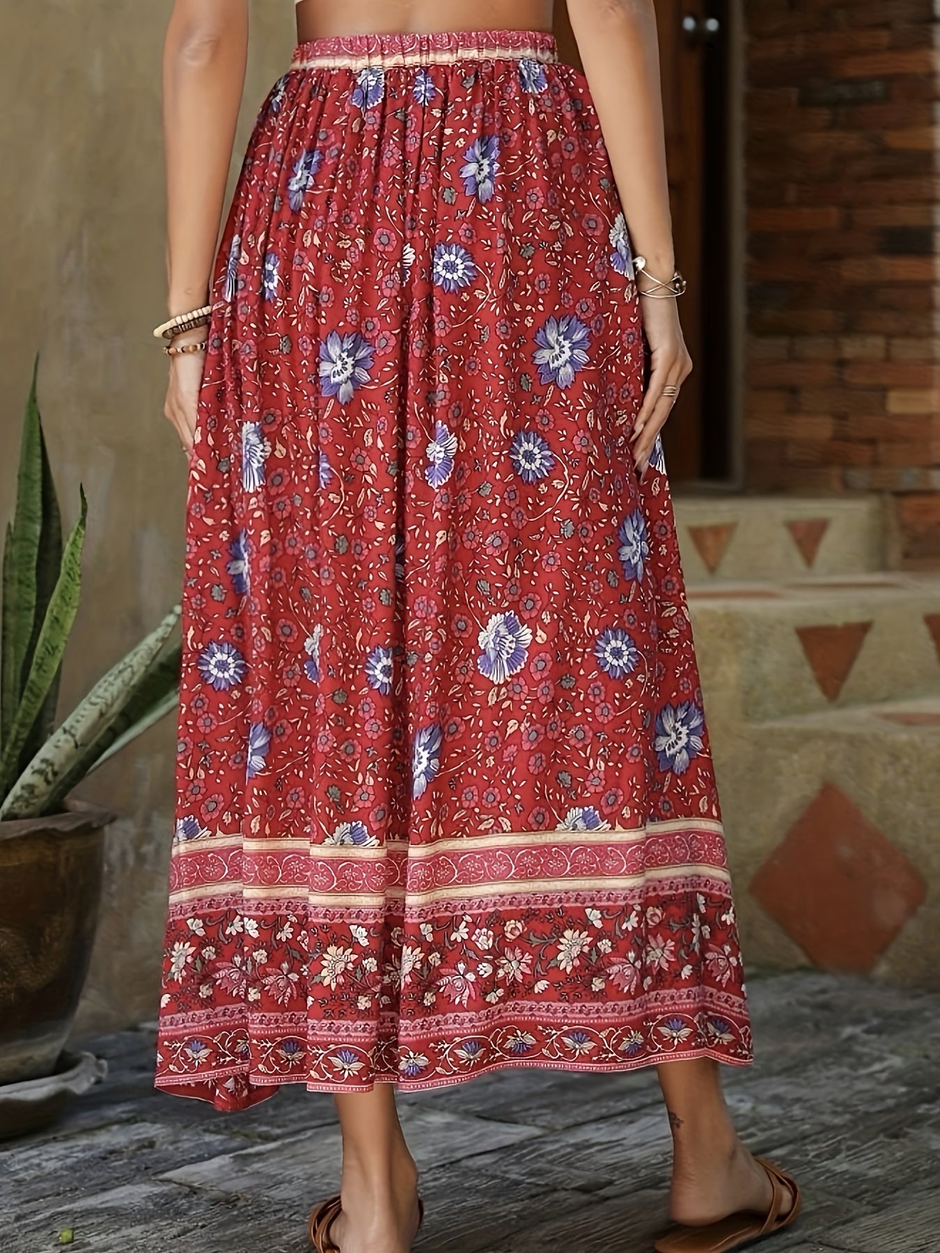 Floral Print Drawstring Waist Skirt, Boho Skirt For Spring & Summer, Women's Clothing