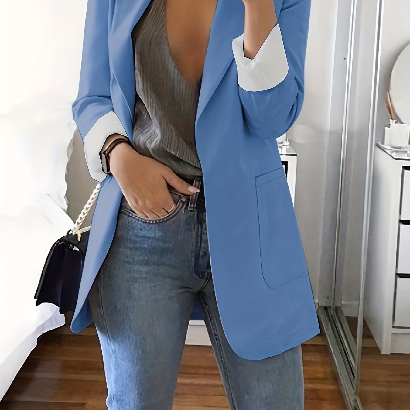 Solid Lapel Blazer, Casual Long Sleeve Open Front Work Office Outerwear, Women's Clothing