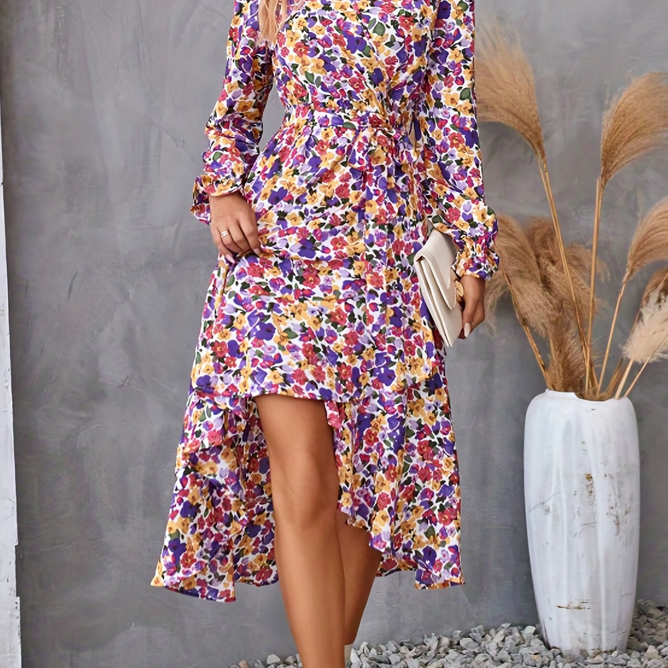 vlovelaw Floral Print Tie Waist V-neck Dress, Elegant Long Sleeve Asymmetrical Hem Dress, Women's Clothing