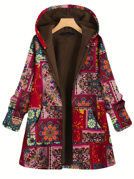 Graphic Print Long Sleeve Hooded Padded Jacket, Casual Zip Up Winter Warm Outerwear, Women's Clothing