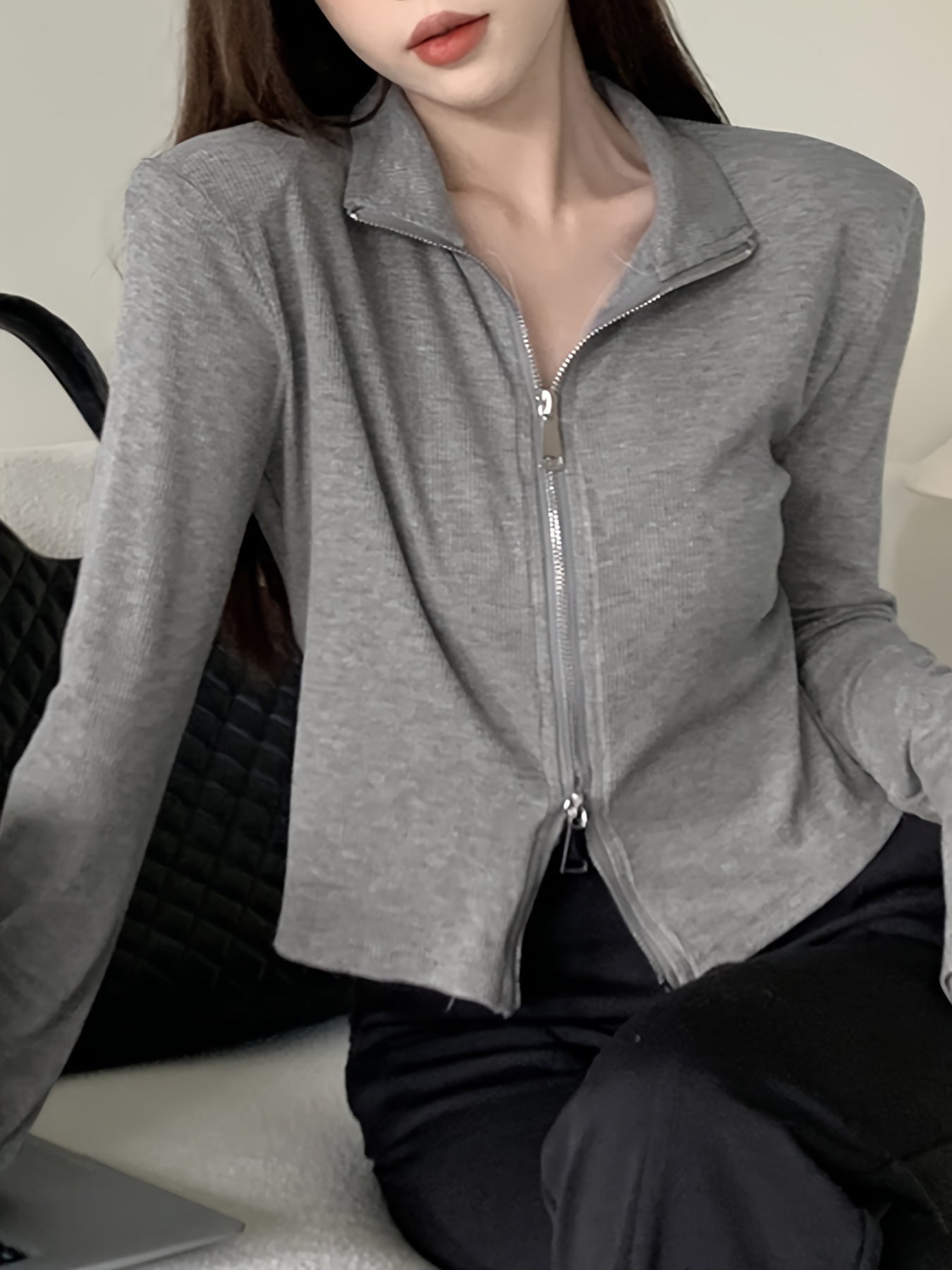 vlovelaw Solid Color Zipper Lapel T-Shirt, Casual Long Sleeve Top For Spring & Fall, Women's Clothing