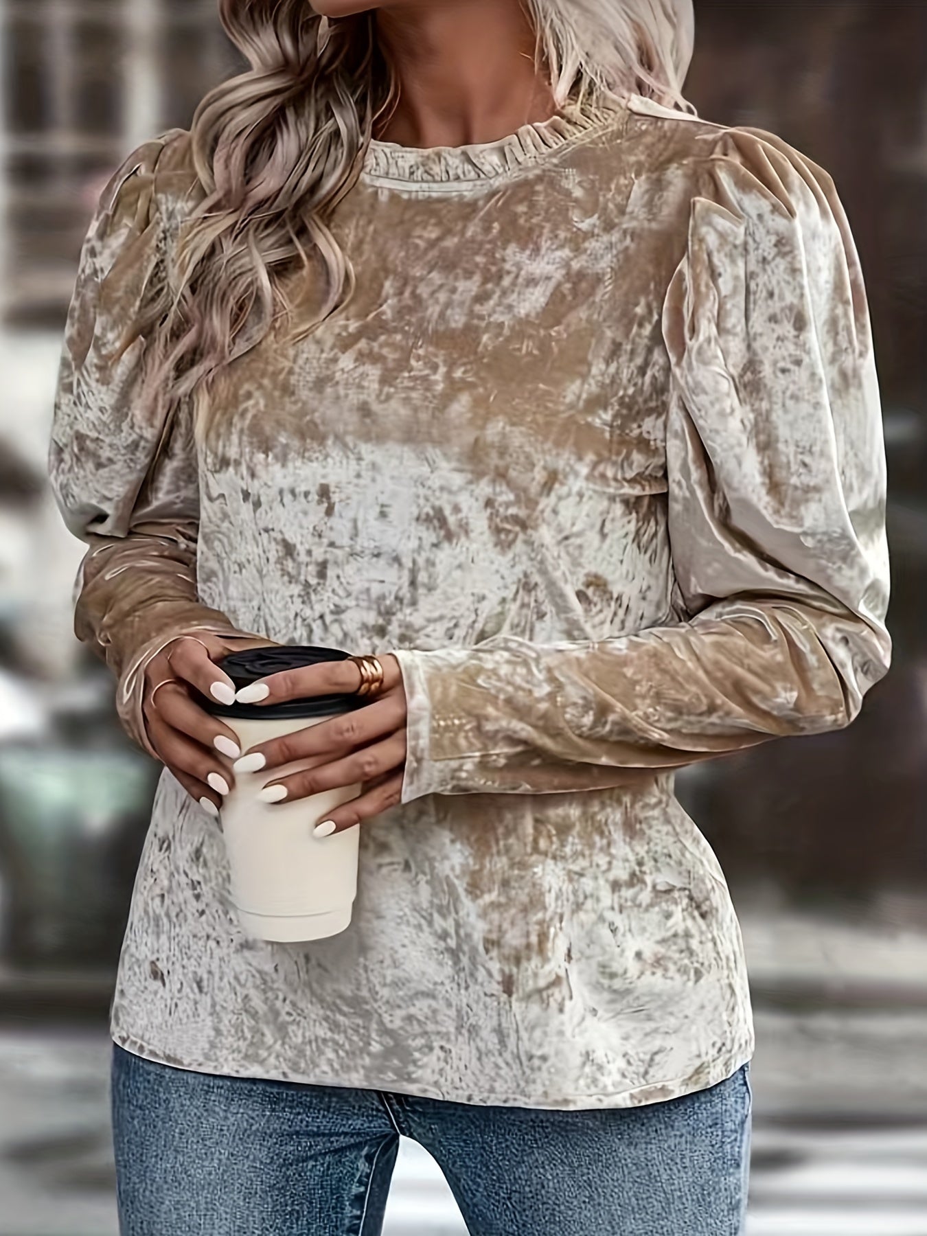 vlovelaw Plus Size Ruffle Neck Top, Casual Long Sleeve Velvet Top, Women's Plus Size Clothing