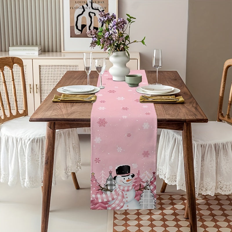 1pc Vibrant Pink Snowman Christmas Table Runner - Long, Farmhouse Style, Snowflake Pattern, Waterproof, Easy to Clean, Perfect for Home Party, Kitchen Dinner, Holiday Table Decoration - Add a Touch of Festive Cheer to Your Celebration