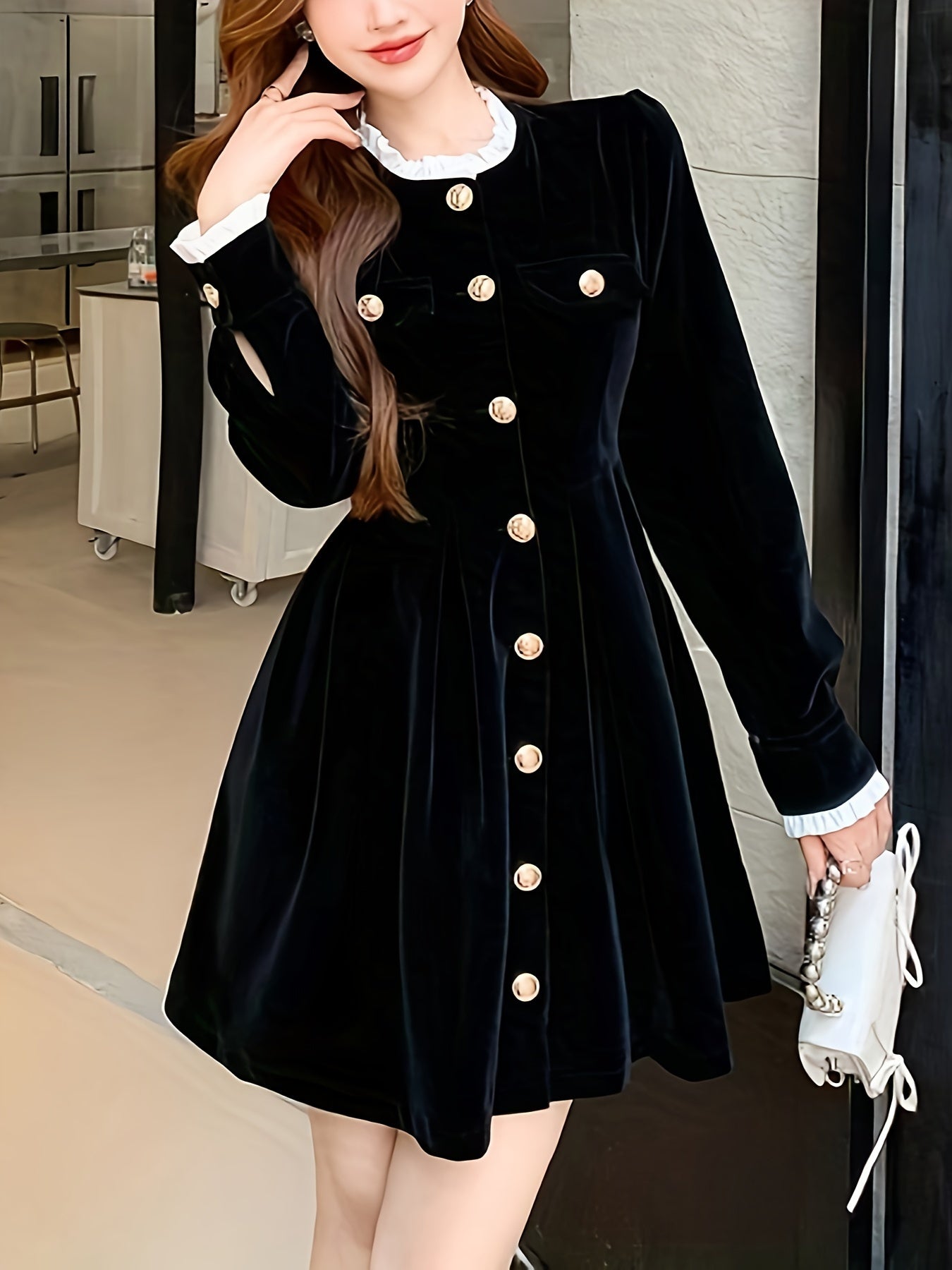 vlovelaw Solid Button Front Waist Velvet Dress, Elegant Long Sleeve Frill Trim Dress, Women's Clothing