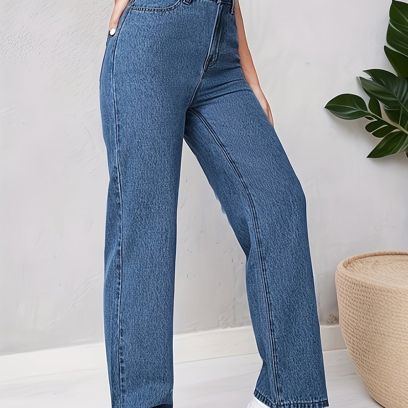 vlovelaw Blue Loose Fit Straight Jeans, High Waist Non-Stretch Slash Pockets Denim Pants, Women's Denim Jeans & Clothing