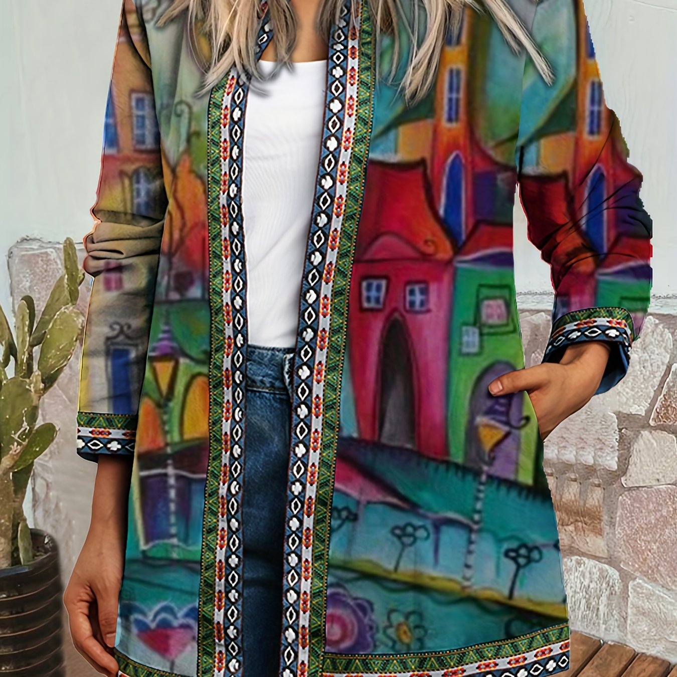 Ethnic Print Open Front Jacket, Vintage Long Sleeve Crew Neck Outerwear, Women's Clothing