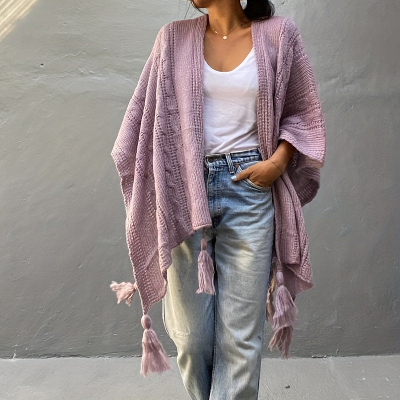 vlovelaw Ribbed Knitted Tassel Shawl Warm Windproof Wrap Poncho Boho Solid Color Cloak Trendy Sweater Cape Cardigan