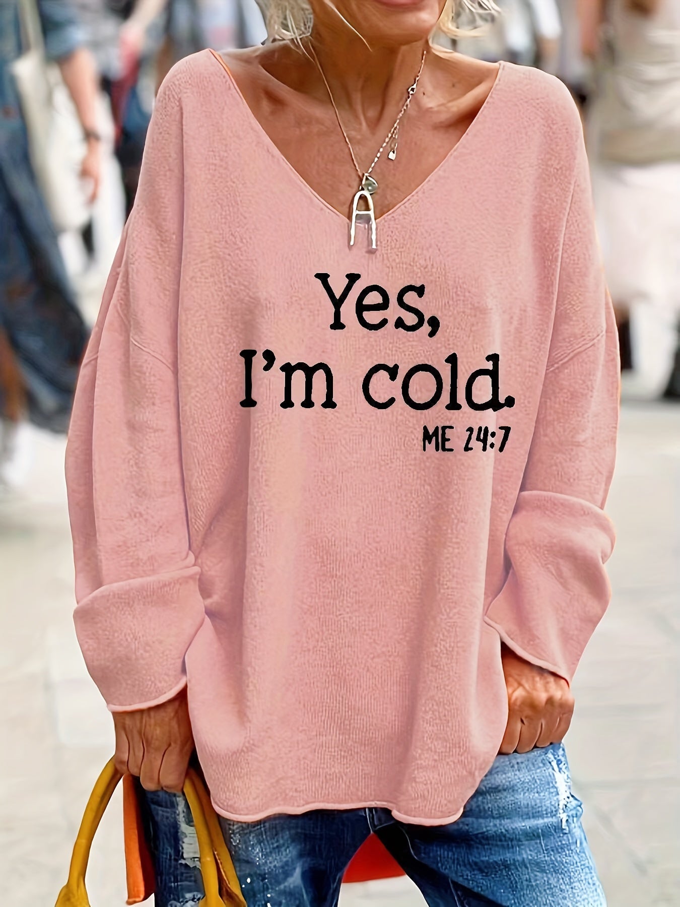 Letter Pattern V Neck Oversized Sweater, Casual Long Sleeve Rolled Trim Sweater, Women's Clothing