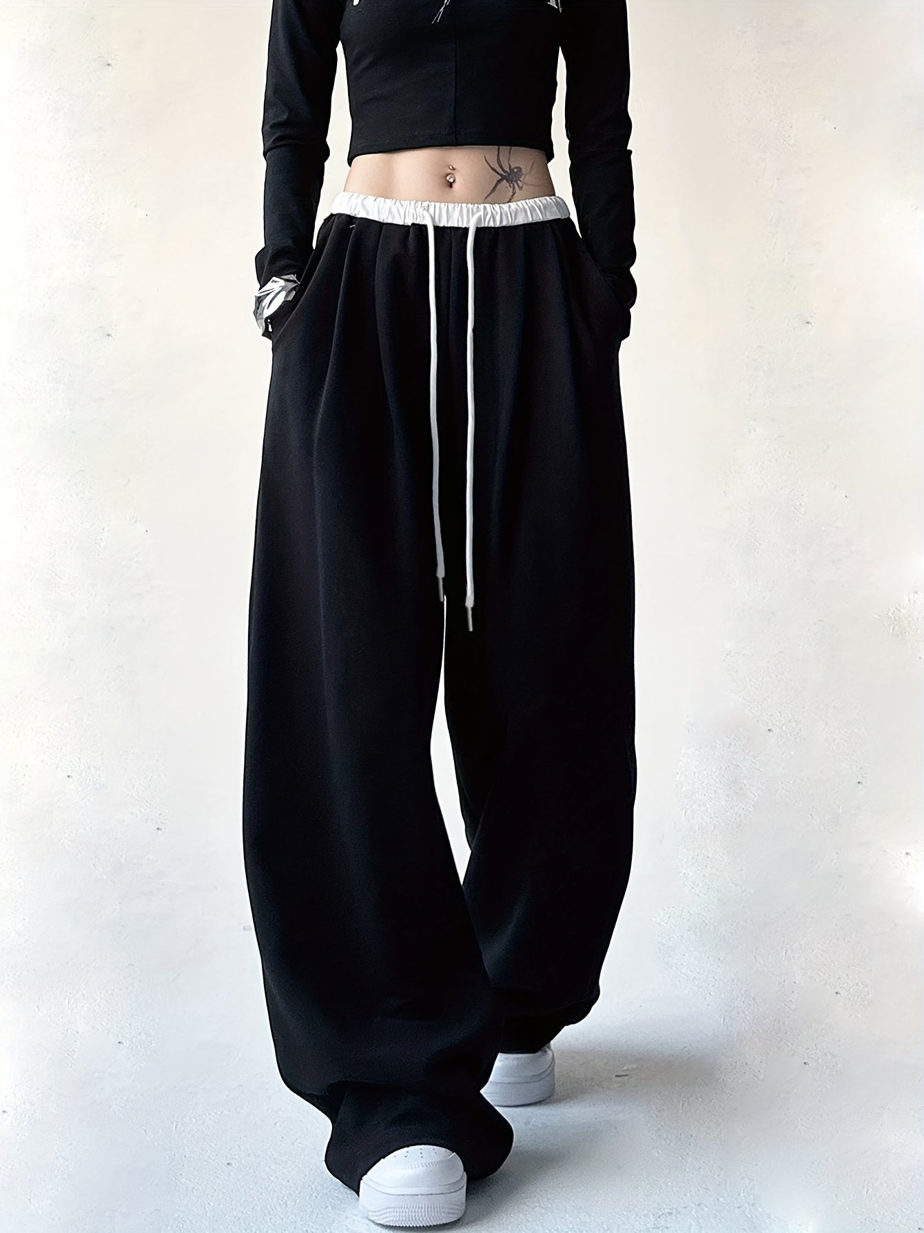 vlovelaw Color Block Wide Leg Pants, Casual Drawstring Loose Slant Pockets Pants For Spring & Fall, Women's Clothing