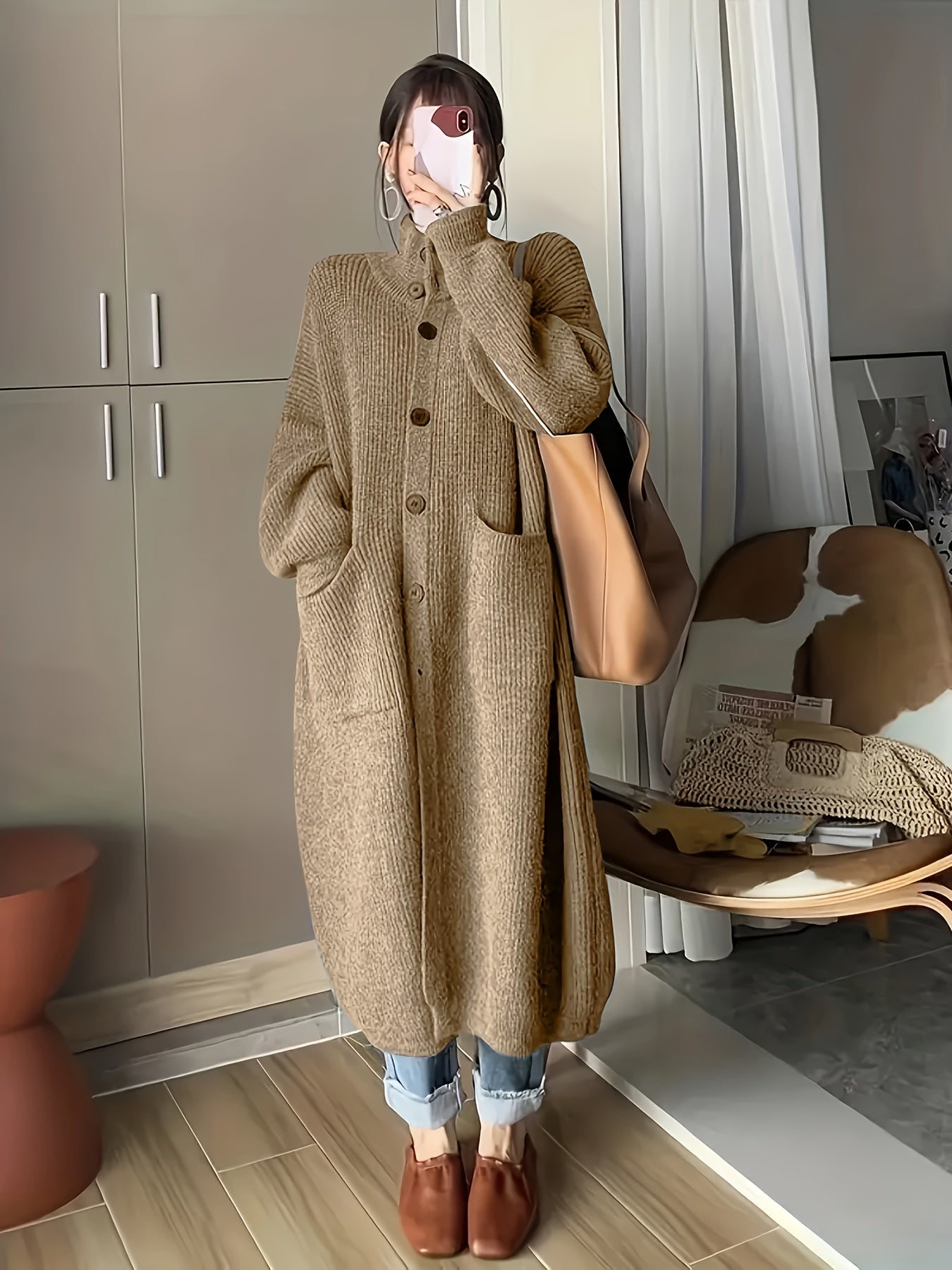 Solid Button Front Turtle Neck Cardigan, Casual Long Sleeve Pocket Oversized Sweater Overcoat, Women's Clothing