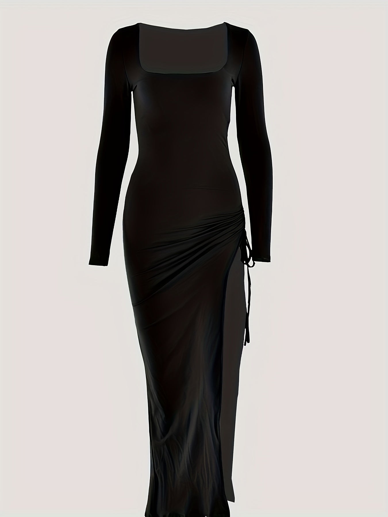 Drawstring Split Thigh Dress, Sexy Squared Neck Long Sleeve Dress, Women's Clothing