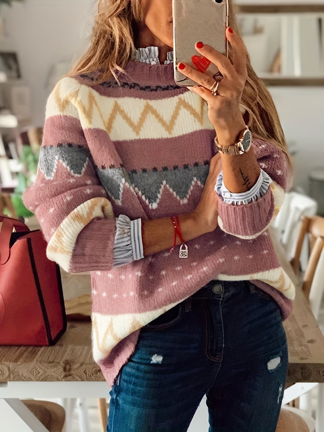 vlovelaw Graphic Pattern Mock Neck Sweater, Casual Long Sleeve Sweater For Fall & Winter, Women's Clothing