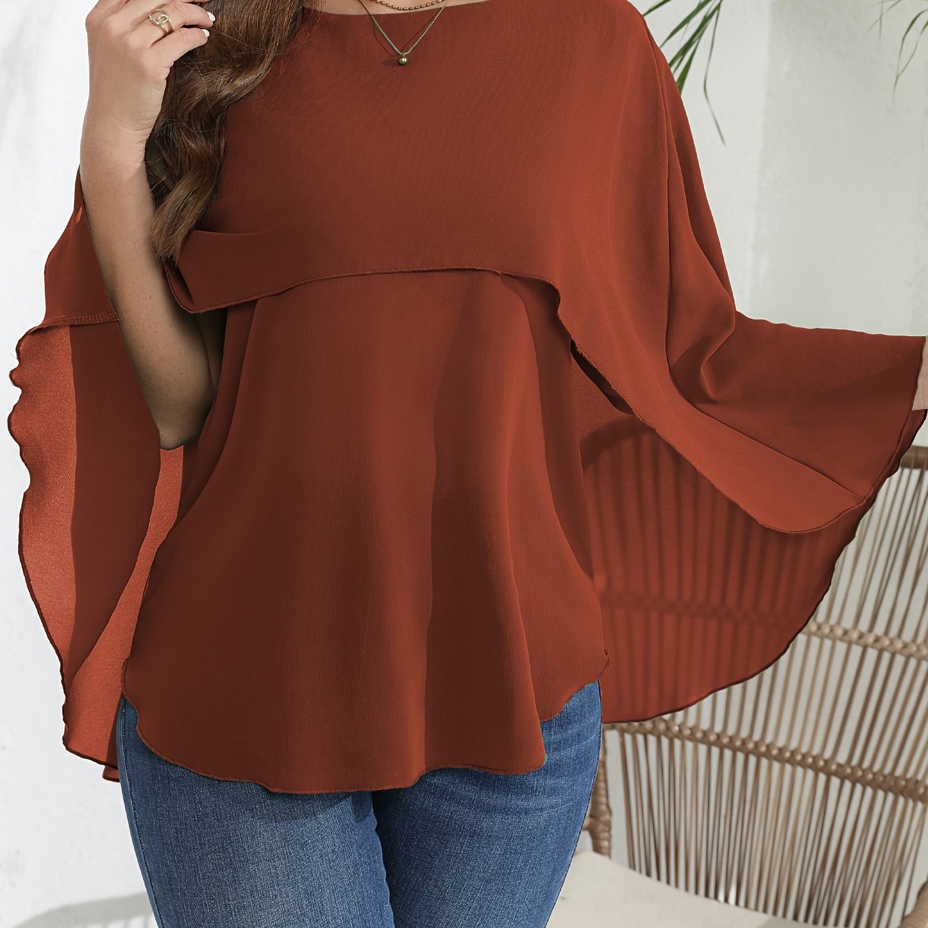 vlovelaw Plus Size Elegant Blouse, Women's Plus Solid Layered Mesh Batwing Sleeve Round Neck Shirt Top