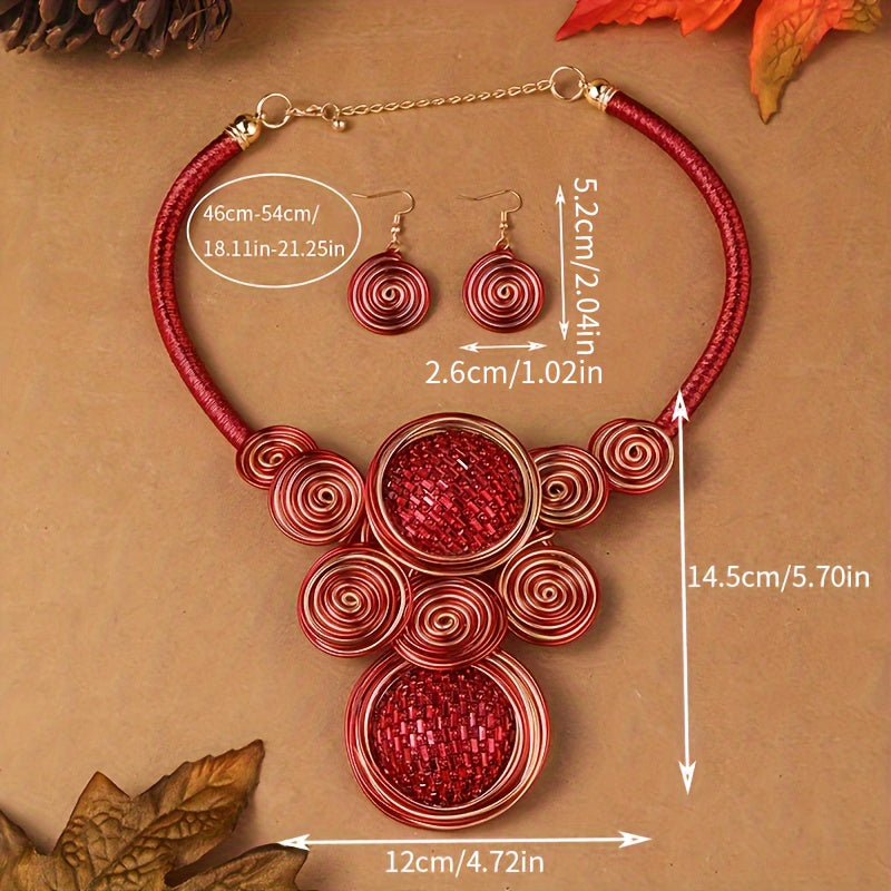 1 Pair Of Earrings + 1 Necklace Boho Style Jewelry Set Exaggerated Spiral Design Pick A Color U Prefer Match Daily Outfits Party Accessories