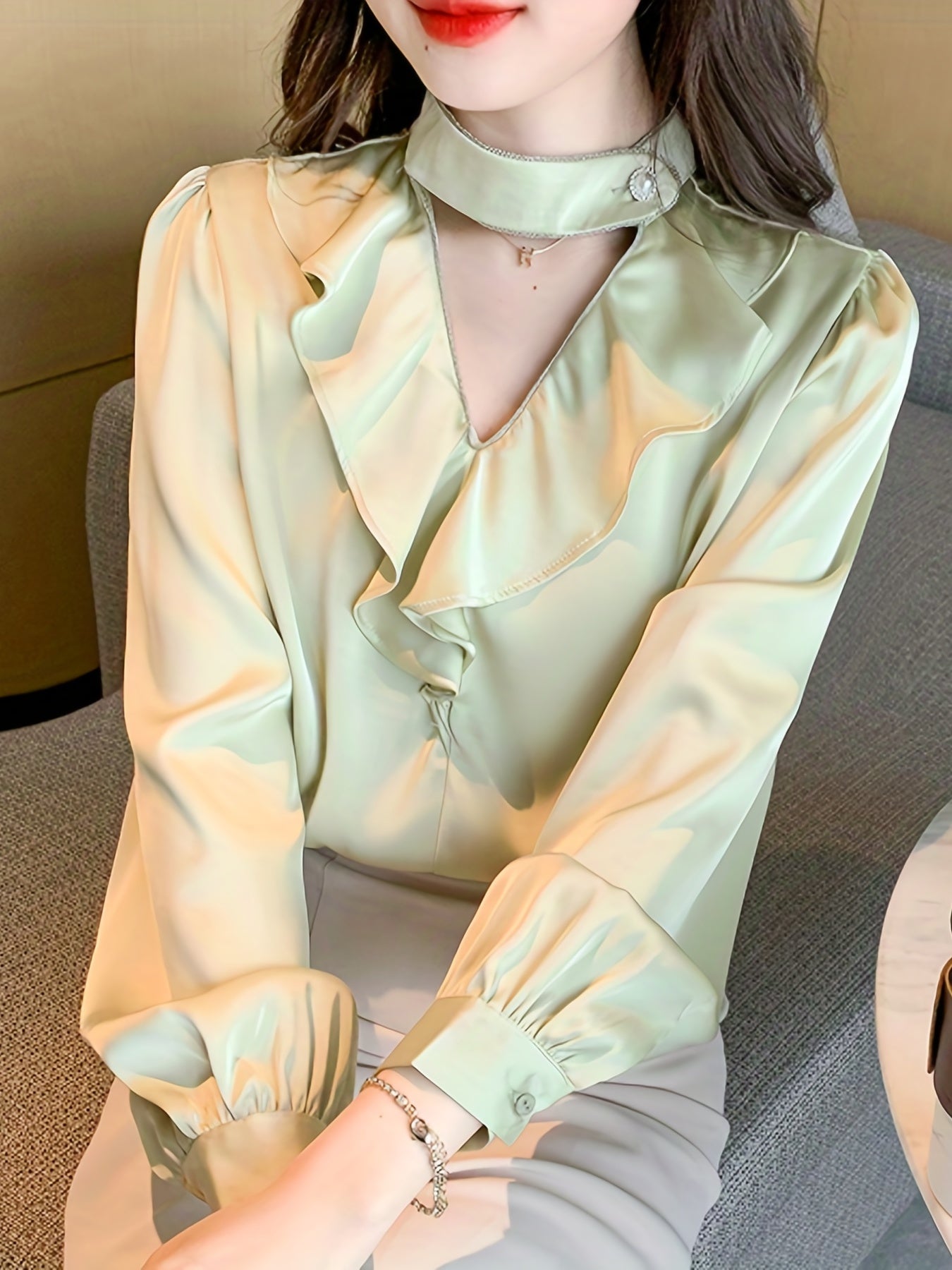 Solid Ruffle Choker Neck Blouse, Elegant Lantern Long Sleeve Blouse For Spring & Fall, Women's Clothing