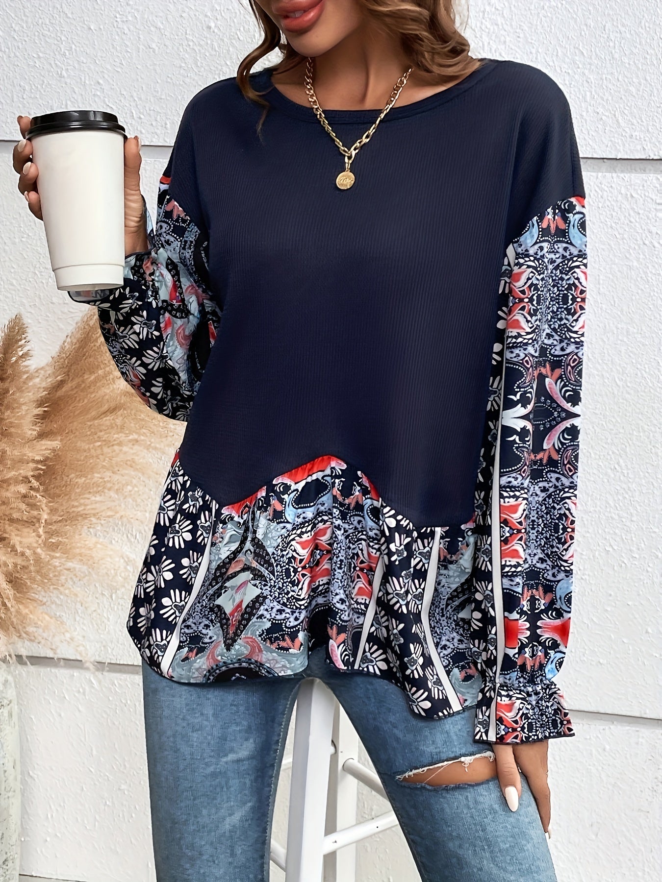 vlovelaw Tribal Stitching Color Block Tee, Casual Long Sleeve Ruffle Trim T-shirt, Women's Clothing