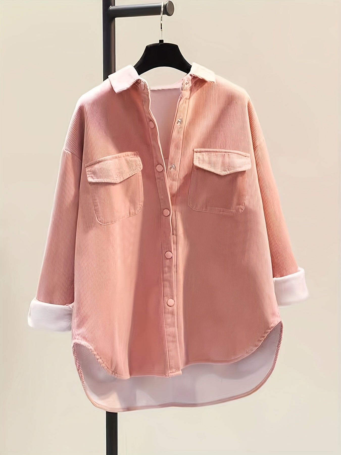 Button Front Plush Lined Solid Jacket, Casual Collared Long Sleeve Outerwear, Women's Clothing