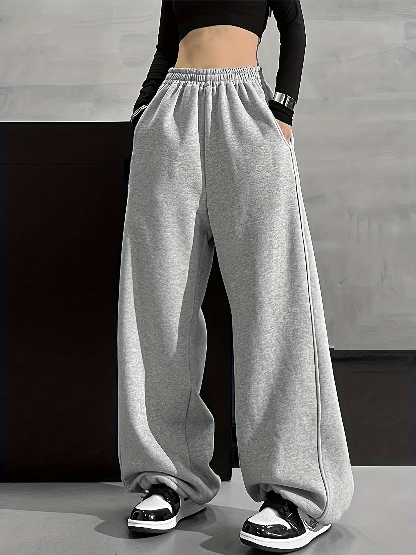 vlovelaw Solid Comfy Wide Leg Pants, Casual Elastic Waist Loose Pants With Pocket, Women's Clothing