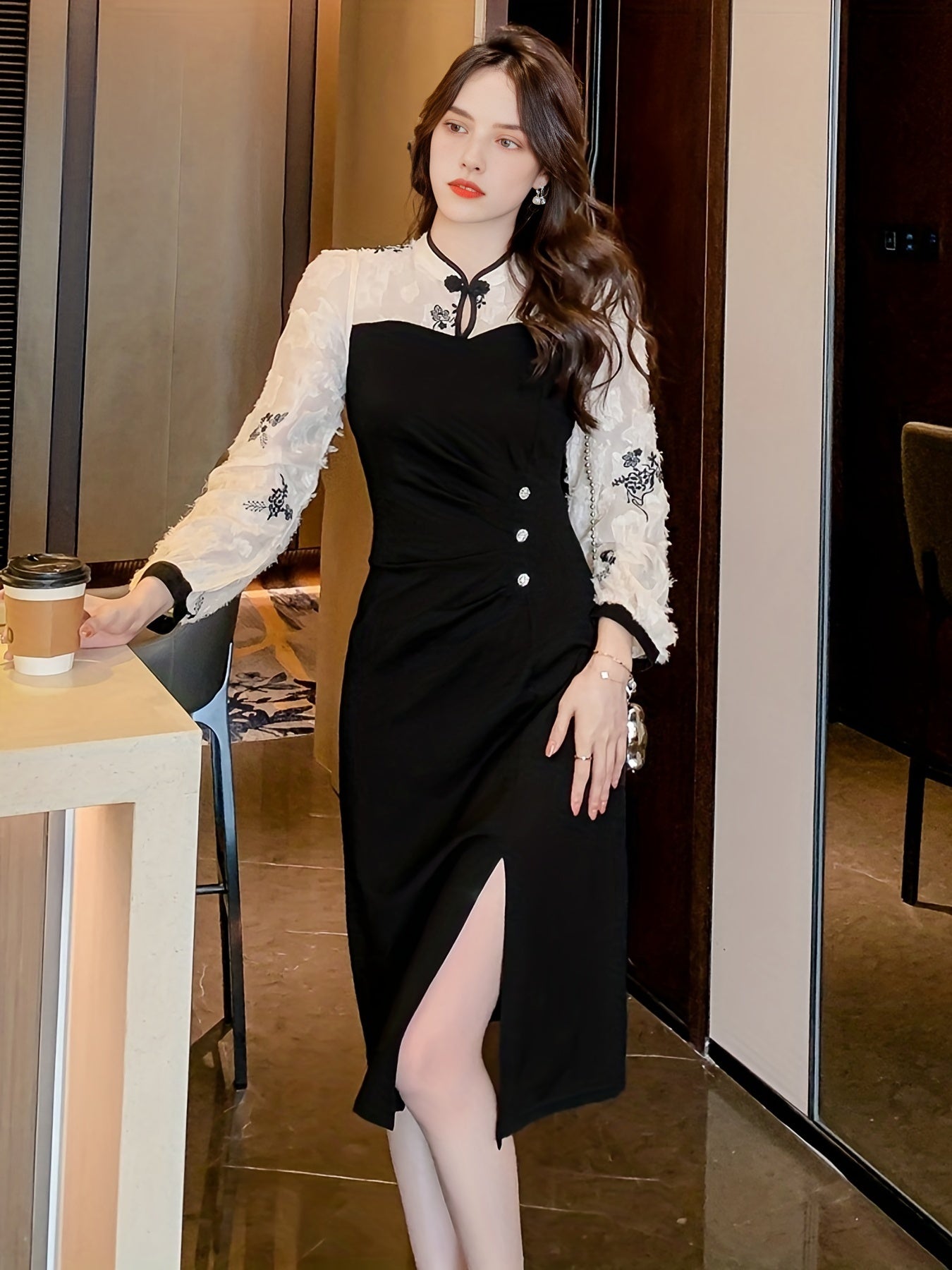Split Hem Dress, Elegant Long Sleeve Slim Ruched Midi Dress, Women's Clothing