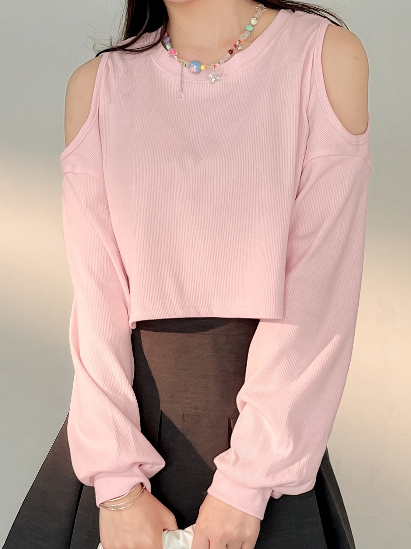 Cold Shoulder Crop T-Shirt, Casual Long Sleeve Crew Neck Top, Women's Clothing