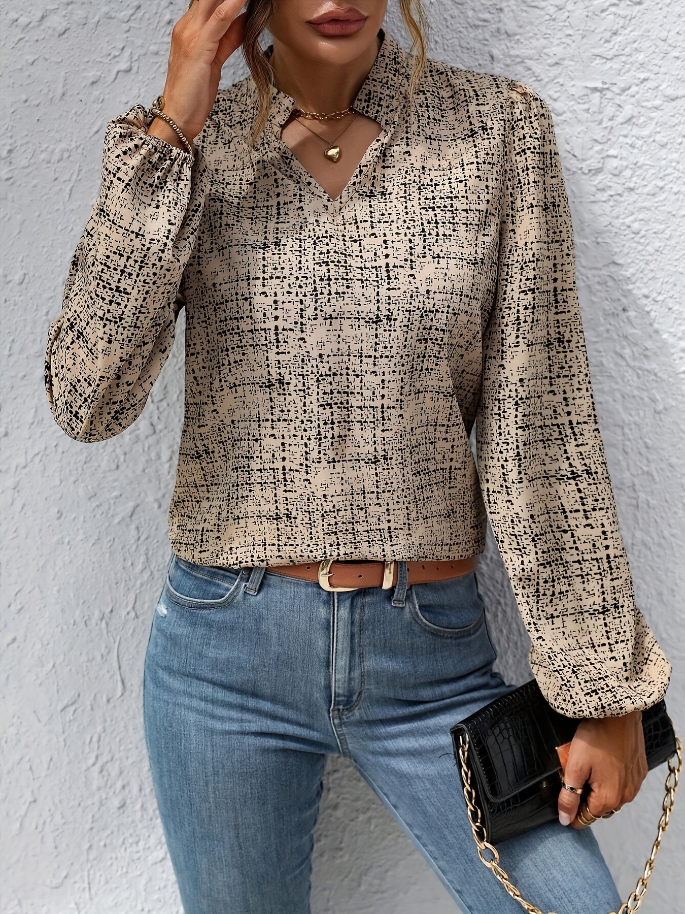vlovelaw All Over Print Notch Neck Blouse, Casual Long Lantern Sleeve Blouse For Spring & Fall, Women's Clothing