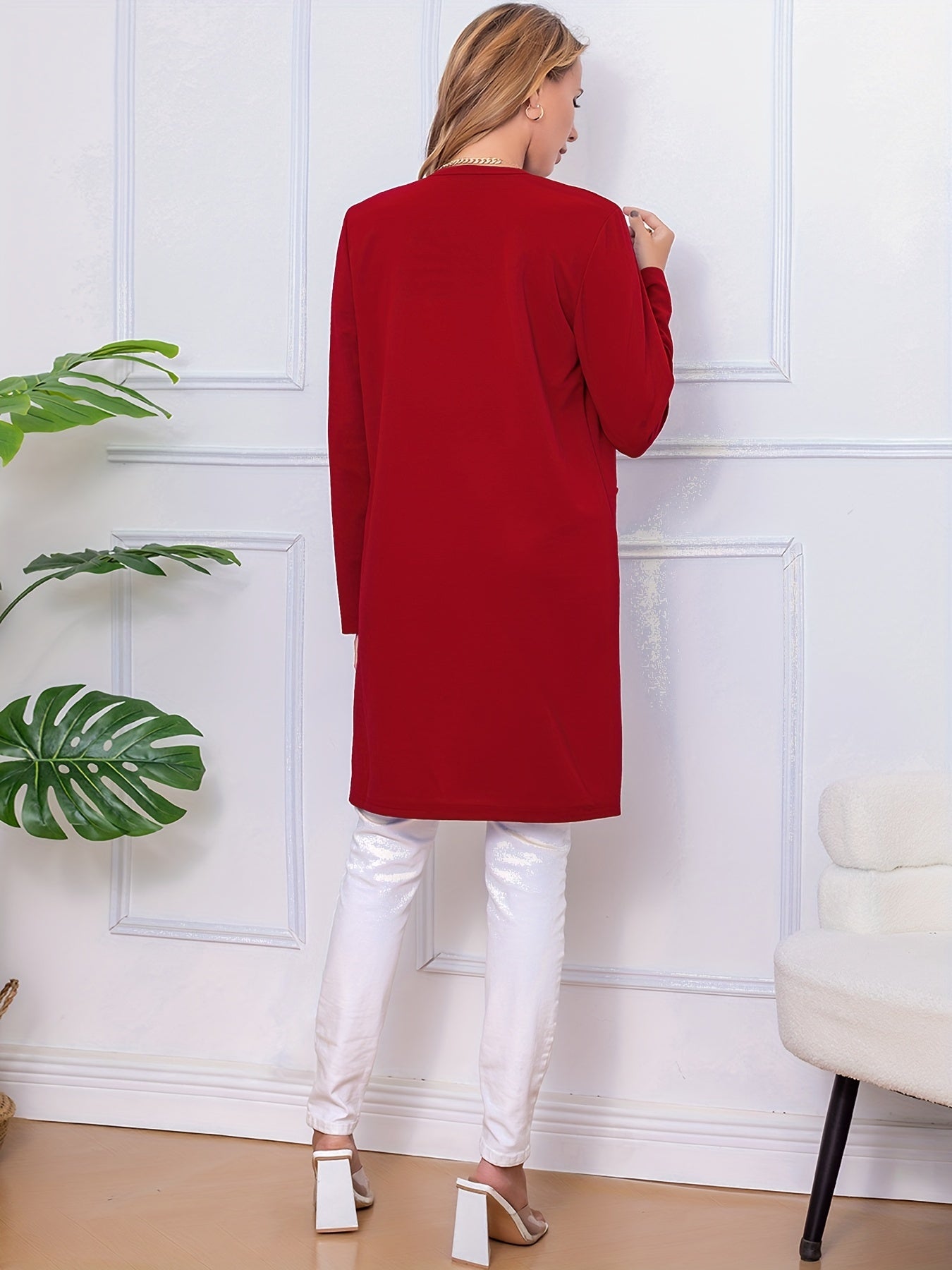vlovelaw Long Length Open Front Coat, Casual Long Sleeve Solid Outerwear, Women's Clothing