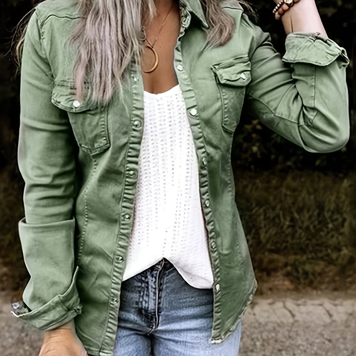 Long Sleeves Lapel Denim Shirts, Flap Pockets Single-Breasted Button Solid Color Denim Jackets, Women's Denim Clothing
