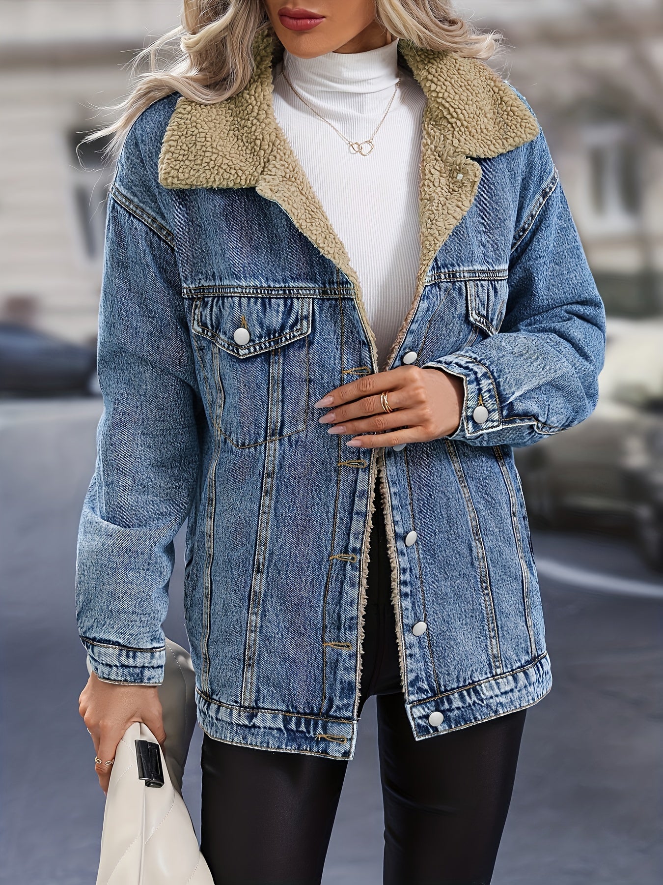 vlovelaw Fleece Lined Single-breasted Long Sleeve Denim Jacket Lapel Slash Pocket Comfy Warm Winter Denim Coat, Women's Denim Jeans & Clothing