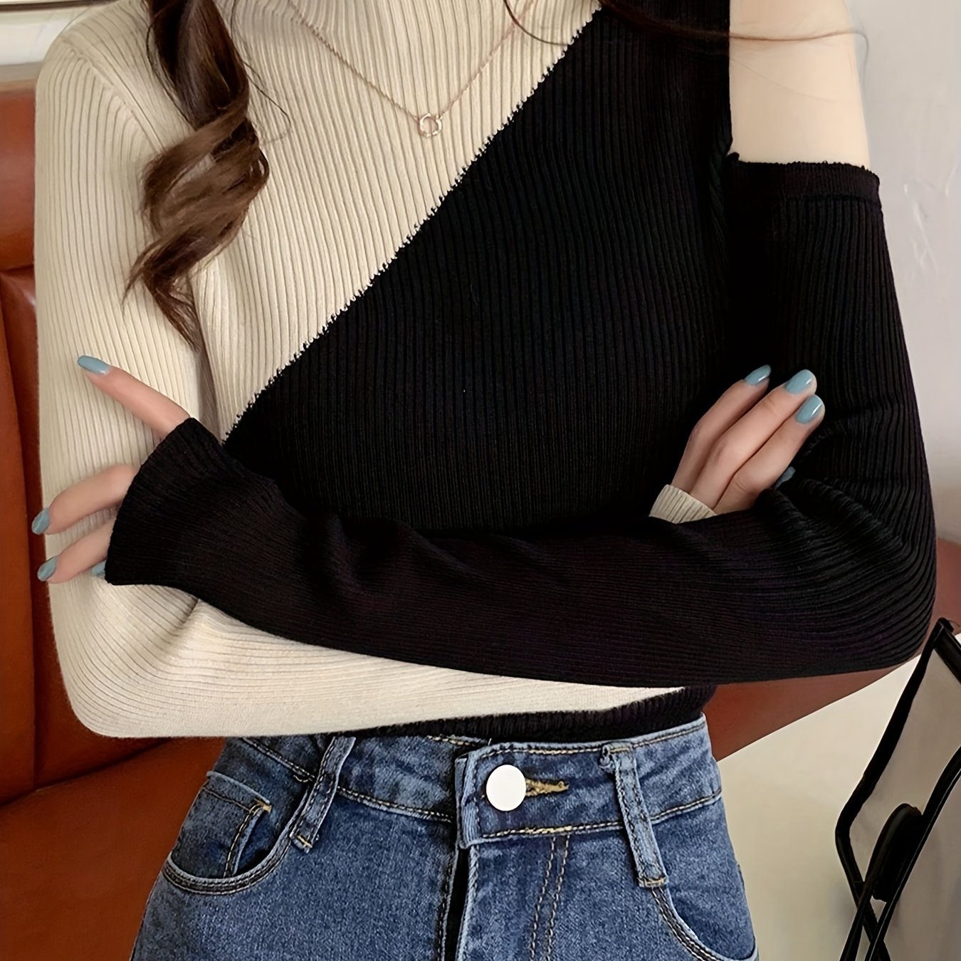 vlovelaw Color Block Pullover Sweater, Casual Cold Shoulder Mock Neck Long Sleeve Top, Women's Clothing