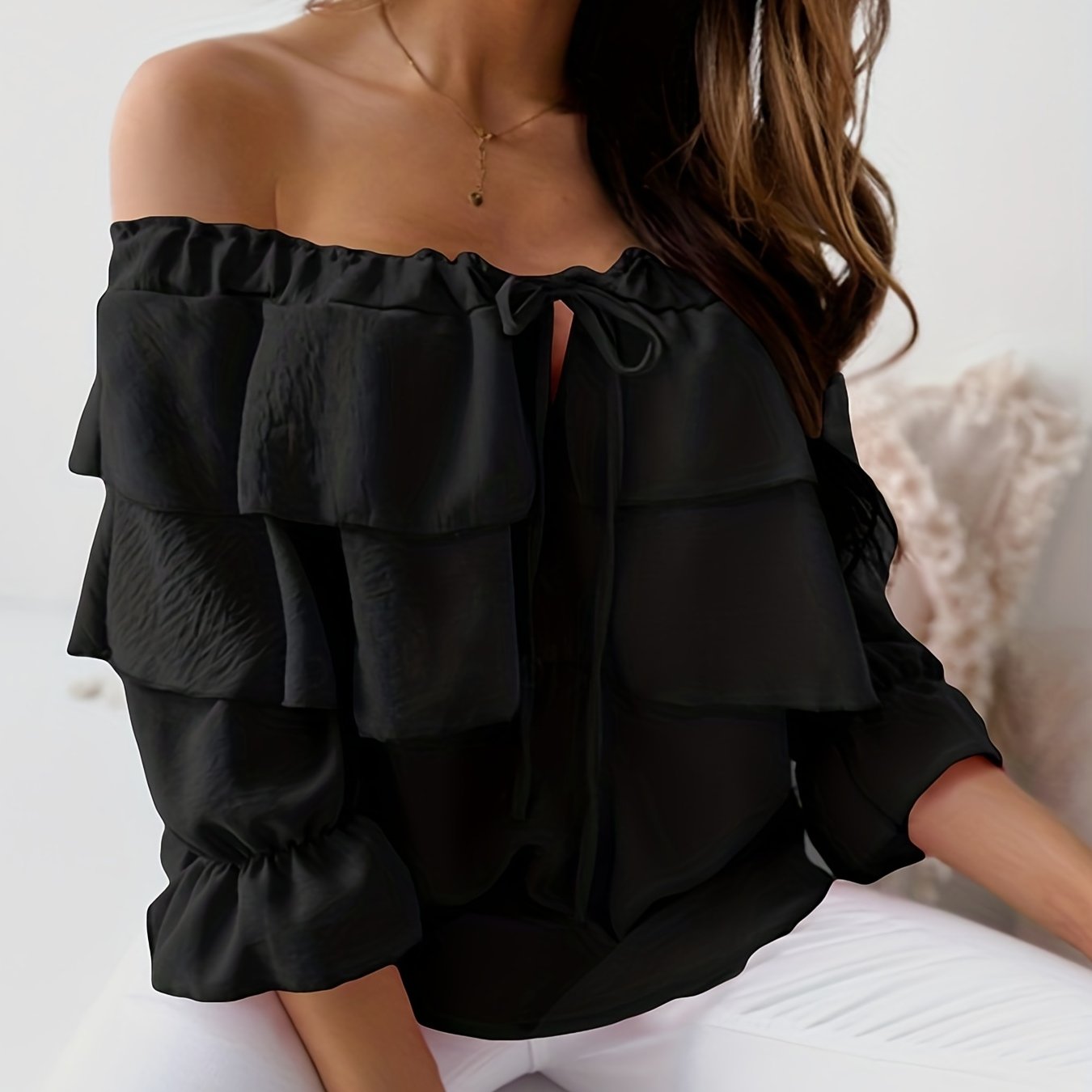 vlovelaw Ruffle Trim Layered Blouse, Sexy Off Shoulder Solid Blouse, Women's Clothing