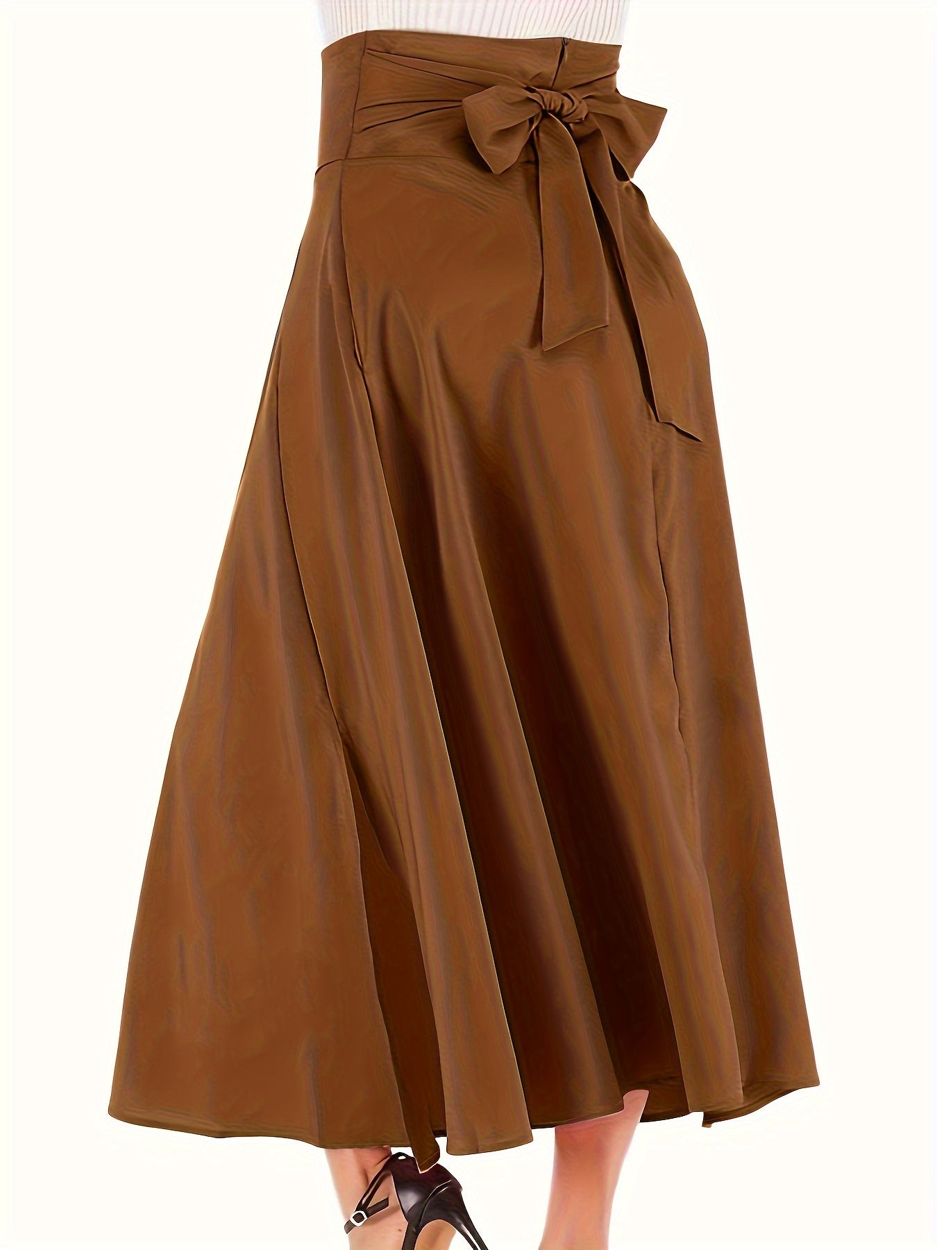 Plus Size Casual Skirt, Women's Plus Solid High Rise Belted Zipper Back A-line Skirt