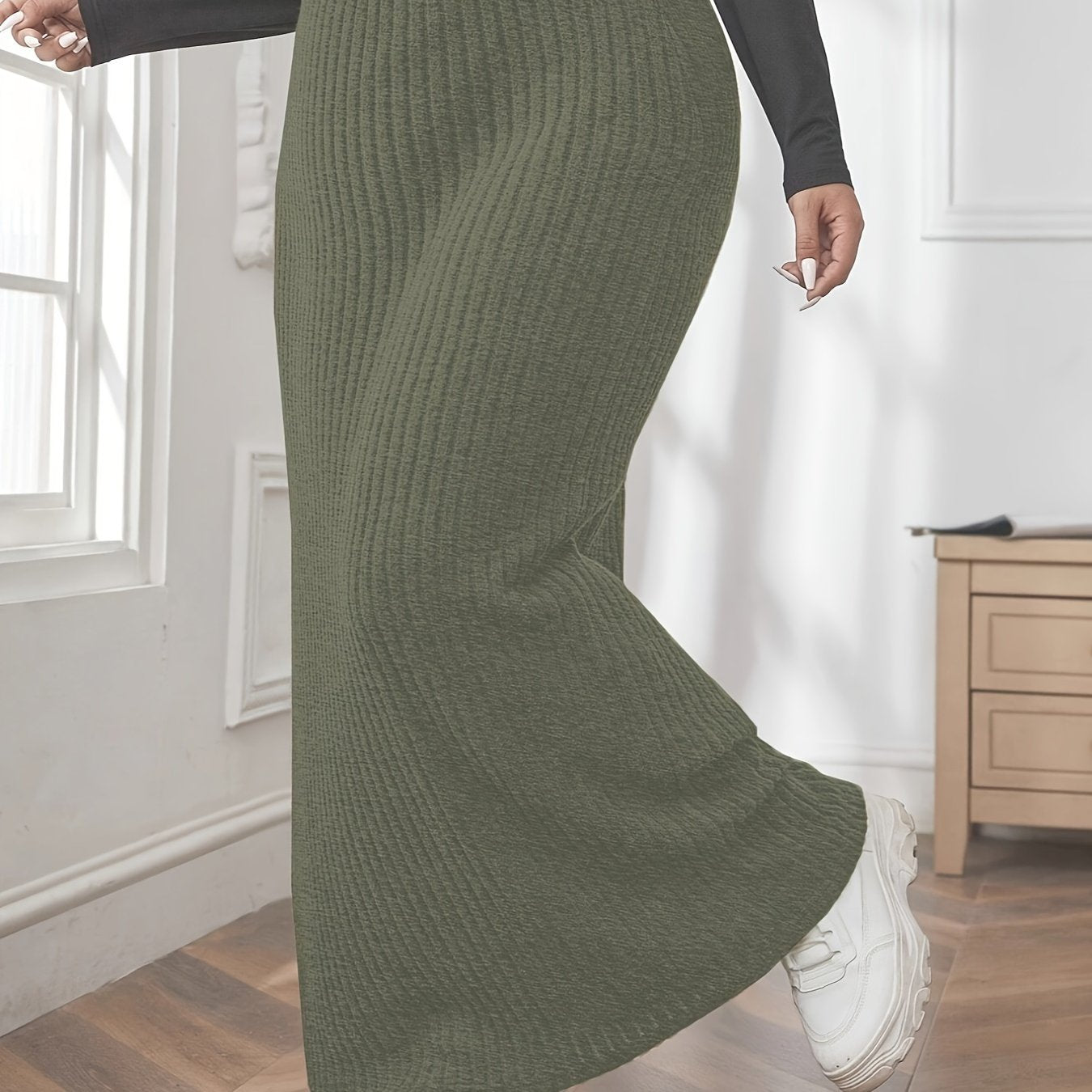 vlovelaw Plus Size Solid Ribbed Slim Skirt, Casual Every Day Elastic Waist Ankle Skirt, Women's Plus Size Clothing