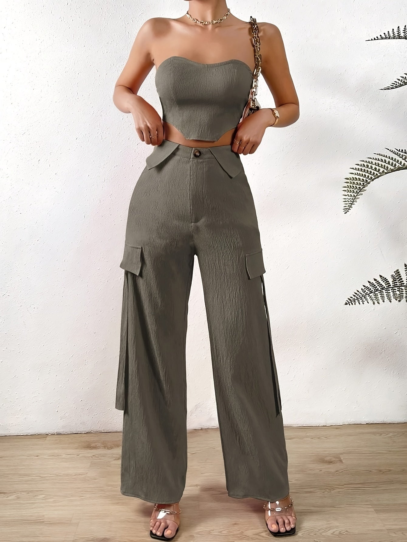 vlovelaw Solid Color Two-piece Set, Tie Back Tube Top & Button Long Pants Outfits, Women's Clothing