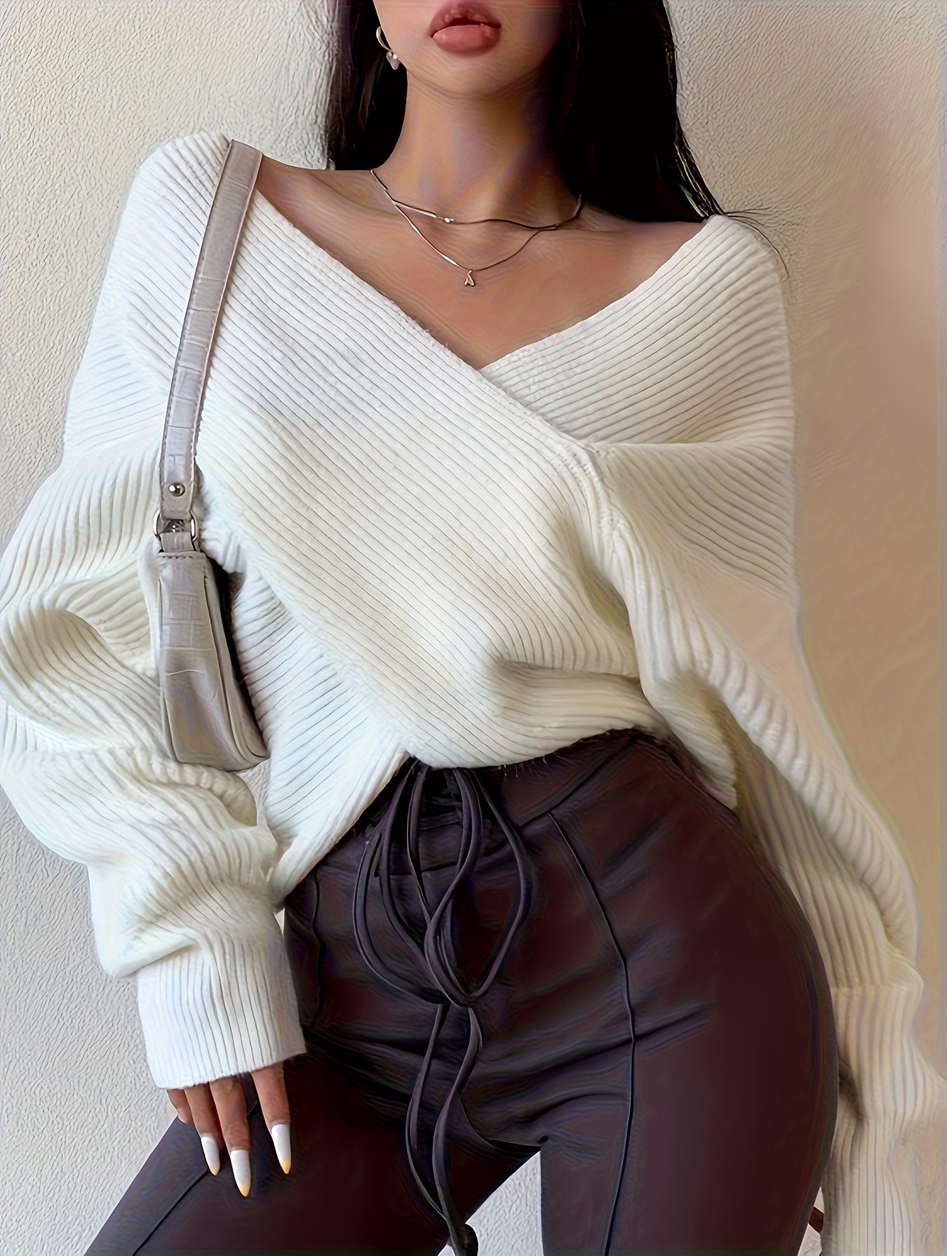 vlovelaw Solid Cross Front V Neck Sweater, Elegant Long Sleeve Pullover Sweater, Women's Clothing