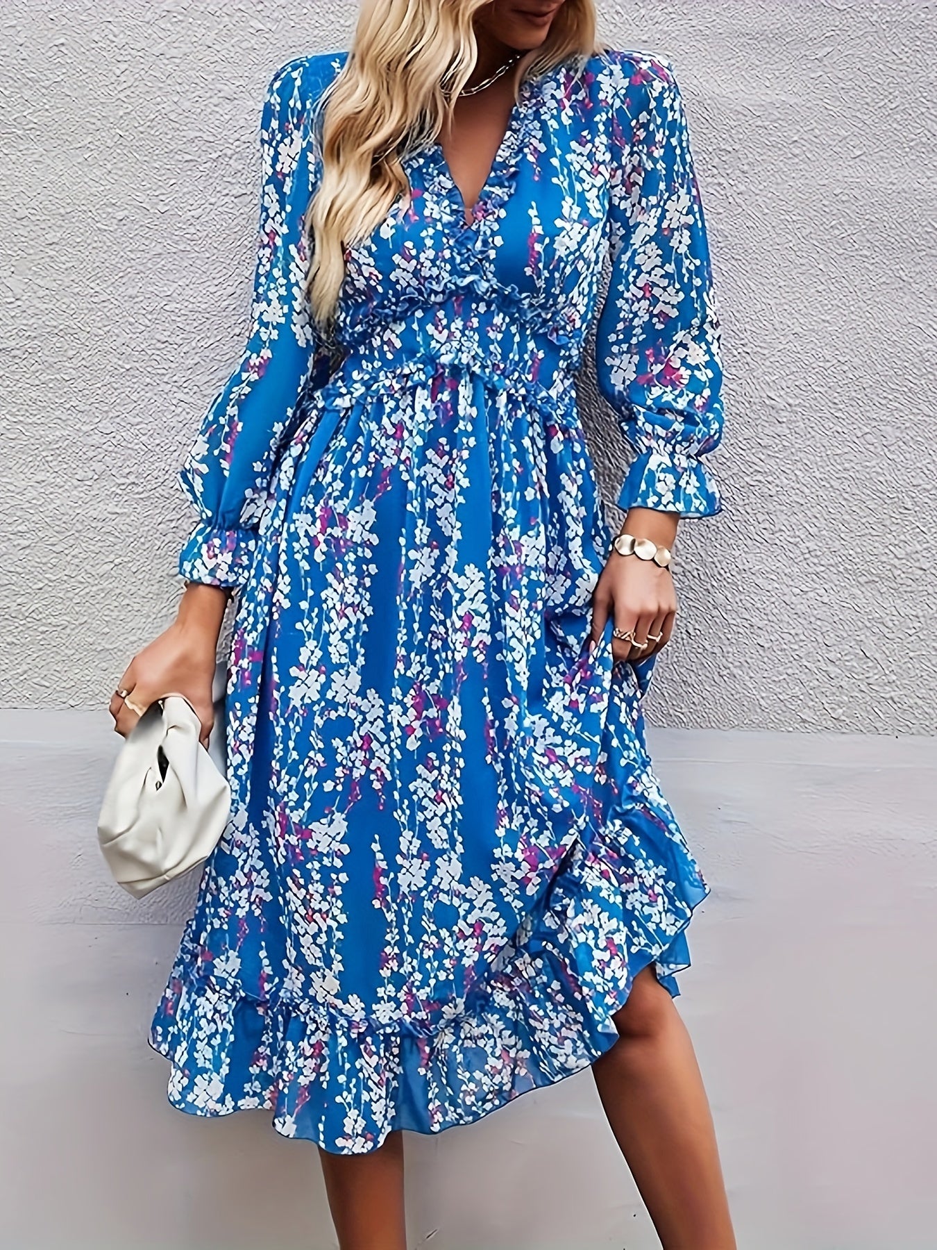 vlovelaw Floral Print Lantern Sleeve Dress, Ruffle Trim V Neck Dress, Women's Clothing