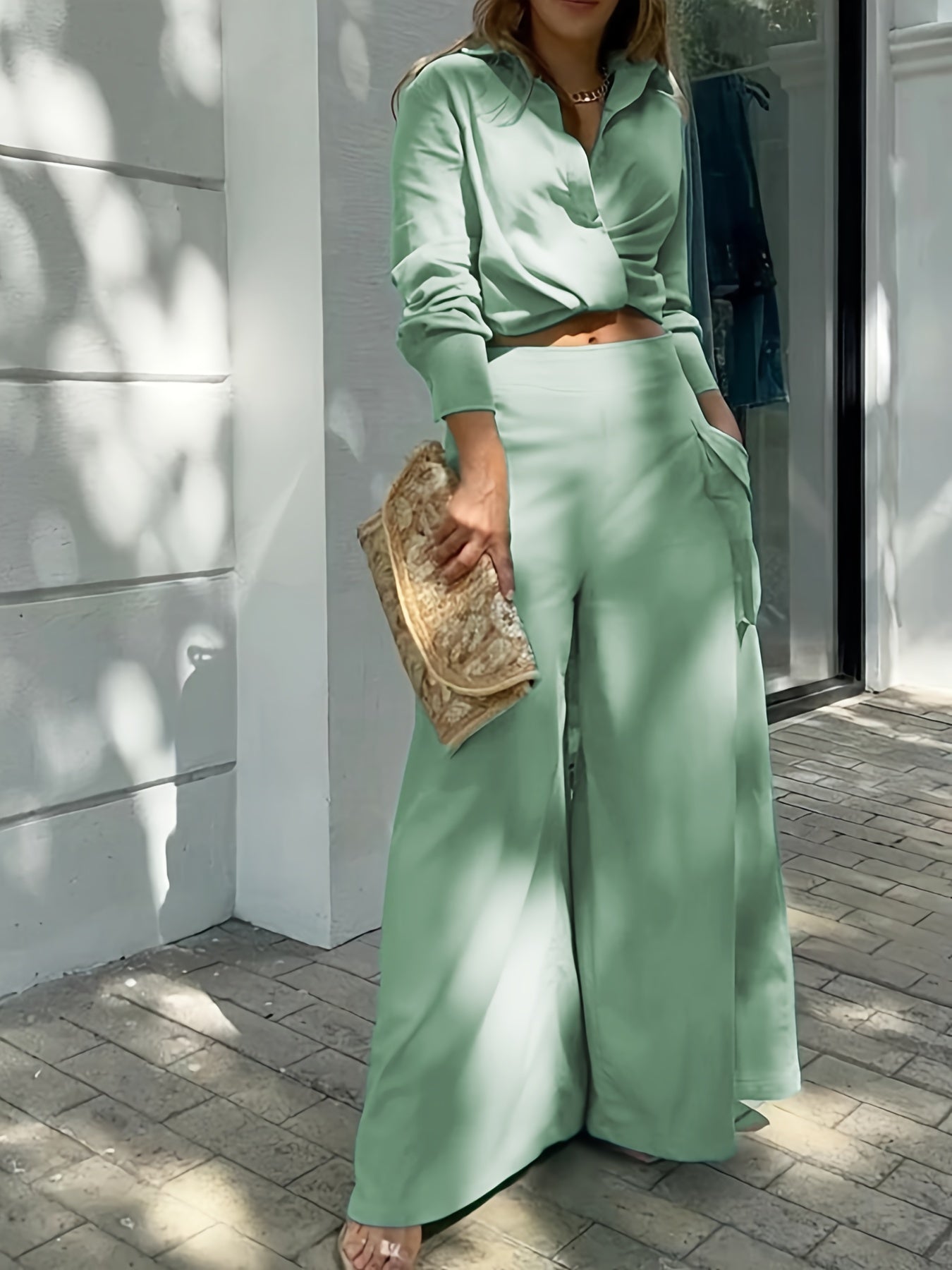 vlovelaw Casual Matching Two-piece Set, Long Sleeve Blouse & Wide Leg Pants Outfits, Women's Clothing