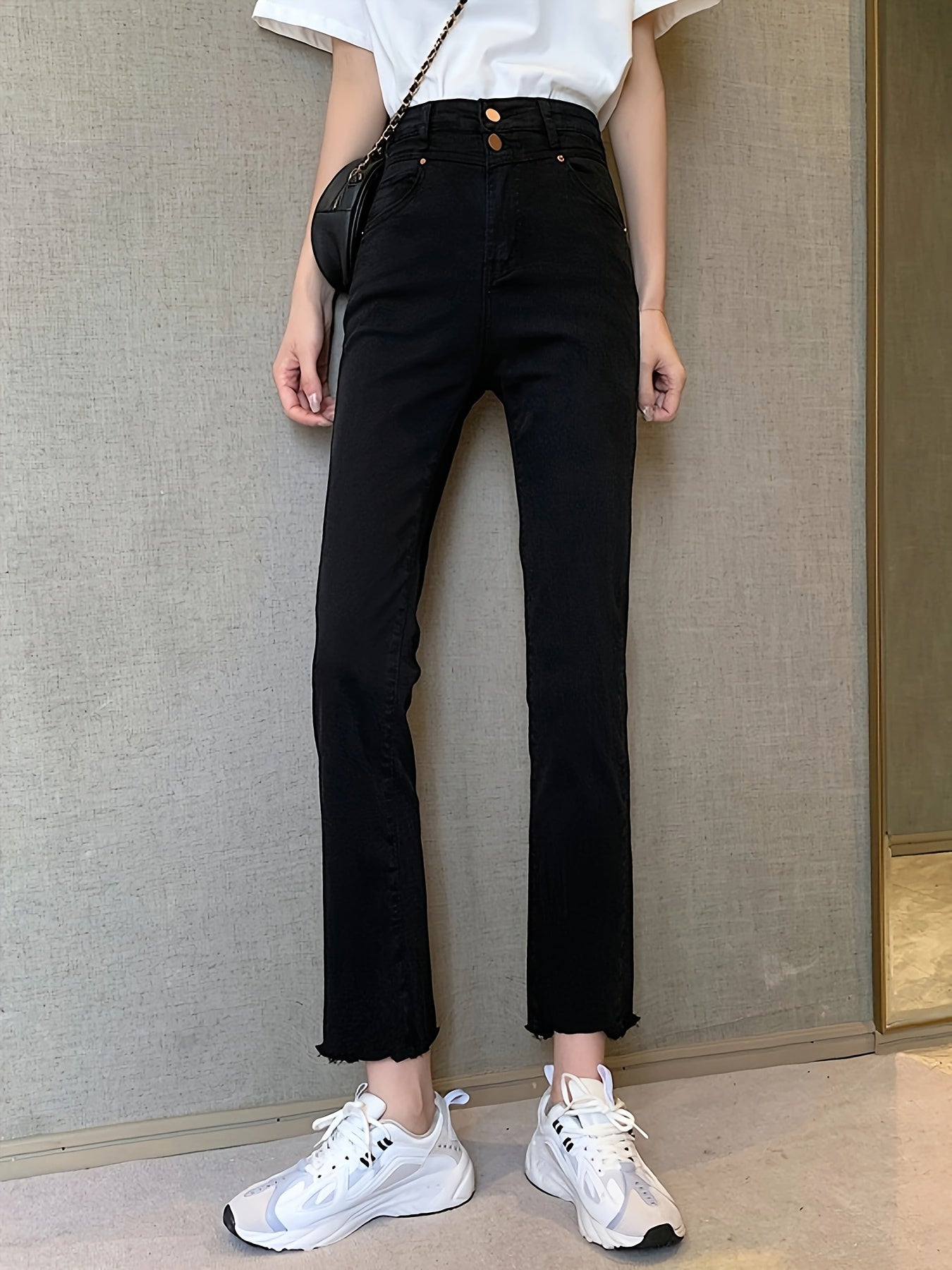vlovelaw Black Raw Trim Cropped Jeans, High Waist Fashion Stretchy Casual Denim Pants, Women's Denim Jeans & Clothing