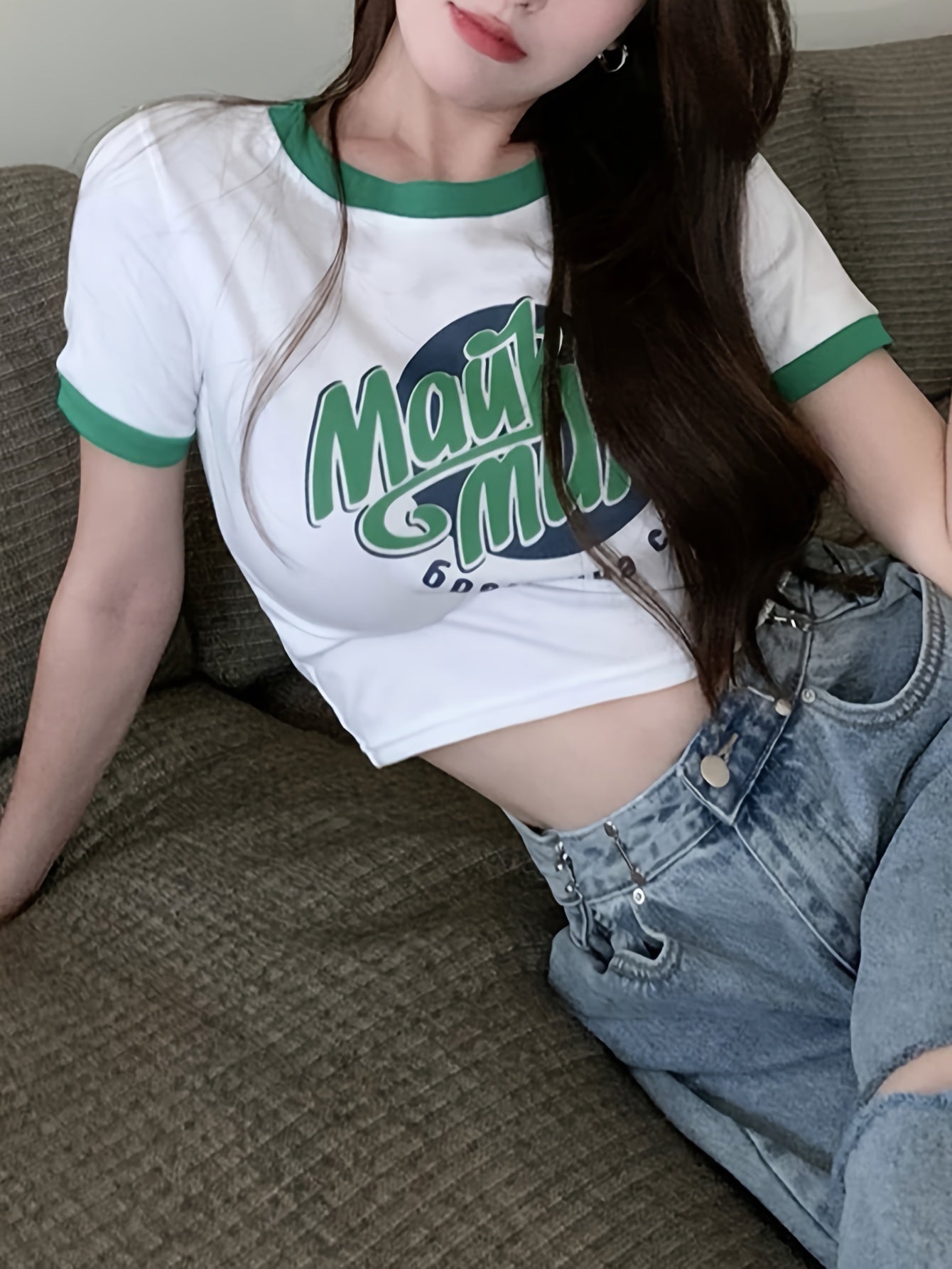 vlovelaw  Letter Print Crew Neck Crop Top, Y2K Contrast Trim Short Sleeve T-Shirt For Spring & Summer, Women's Clothing