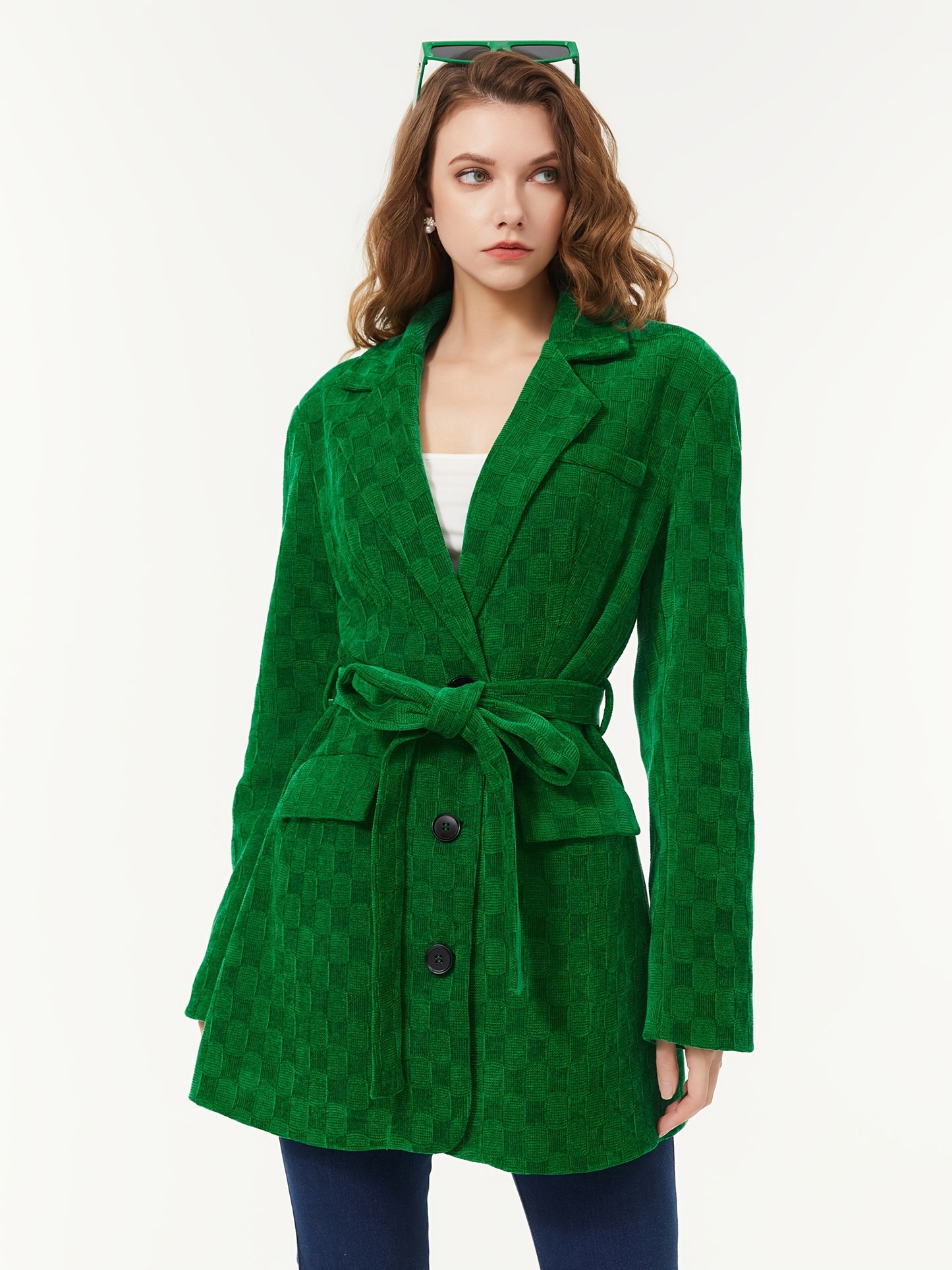 Solid Button Down Belted Blazer, Casual Long Sleeve Lapel Blazer For Fall & Winter, Women's Clothing