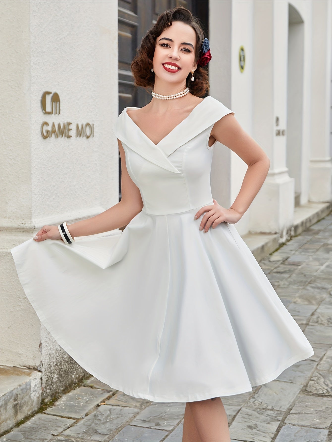 vlovelaw Solid V Neck Dress, Vintage Short Sleeve A-line Dress For Spring & Summer, Women's Clothing