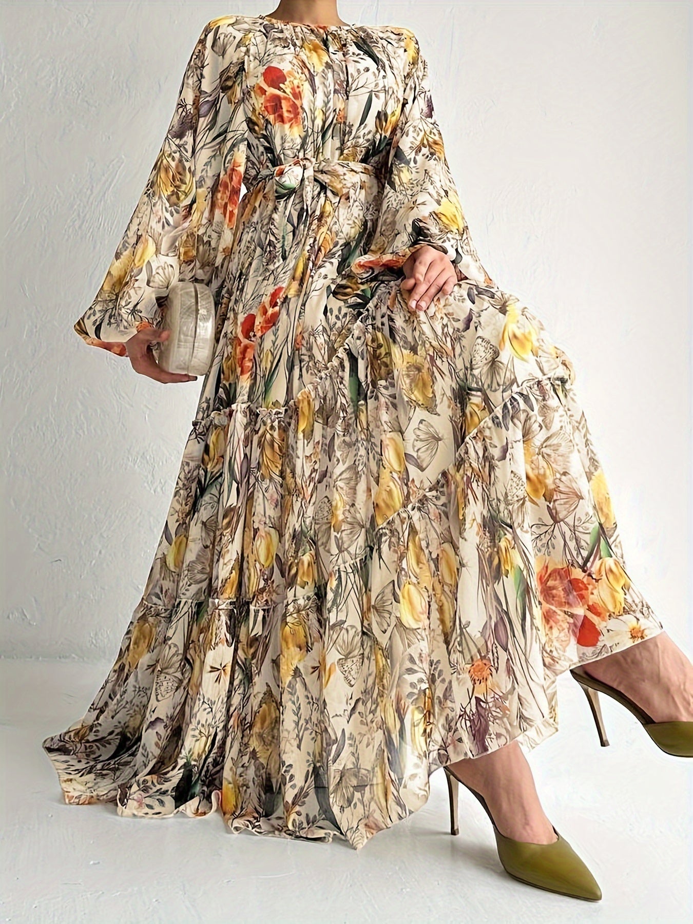 vlovelaw Floral Print Crew Neck Dress, Casual Lantern Sleeve Belted Dress, Women's Clothing