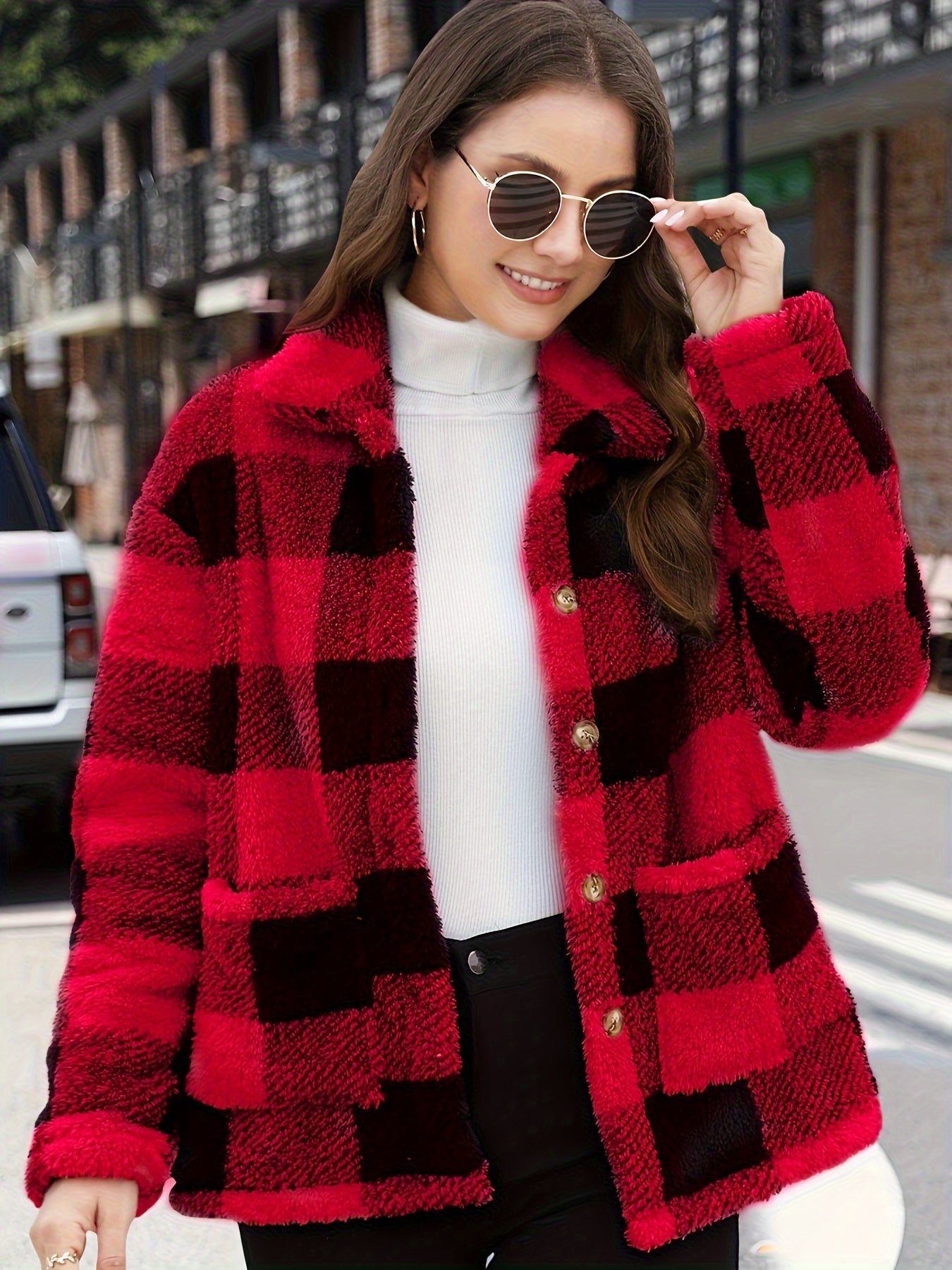 vlovelaw Plaid Print Patched Pockets Teddy Coat, Versatile Long Sleeve Single Breasted Winter Outwear, Women's Clothing