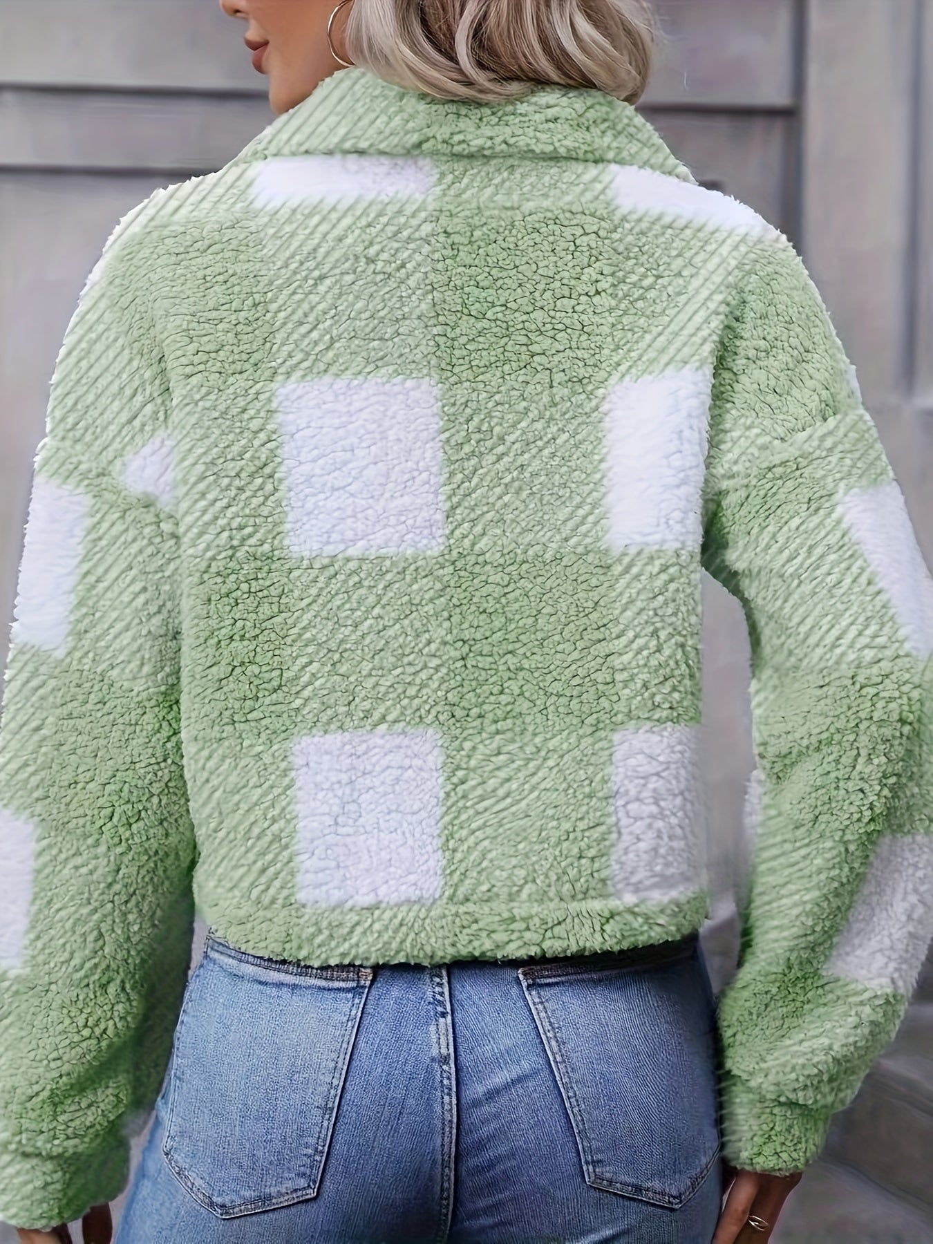 vlovelaw Plaid Teddy Coat, Casual Button Front Long Sleeve Winter Warm Outerwear, Women's Clothing